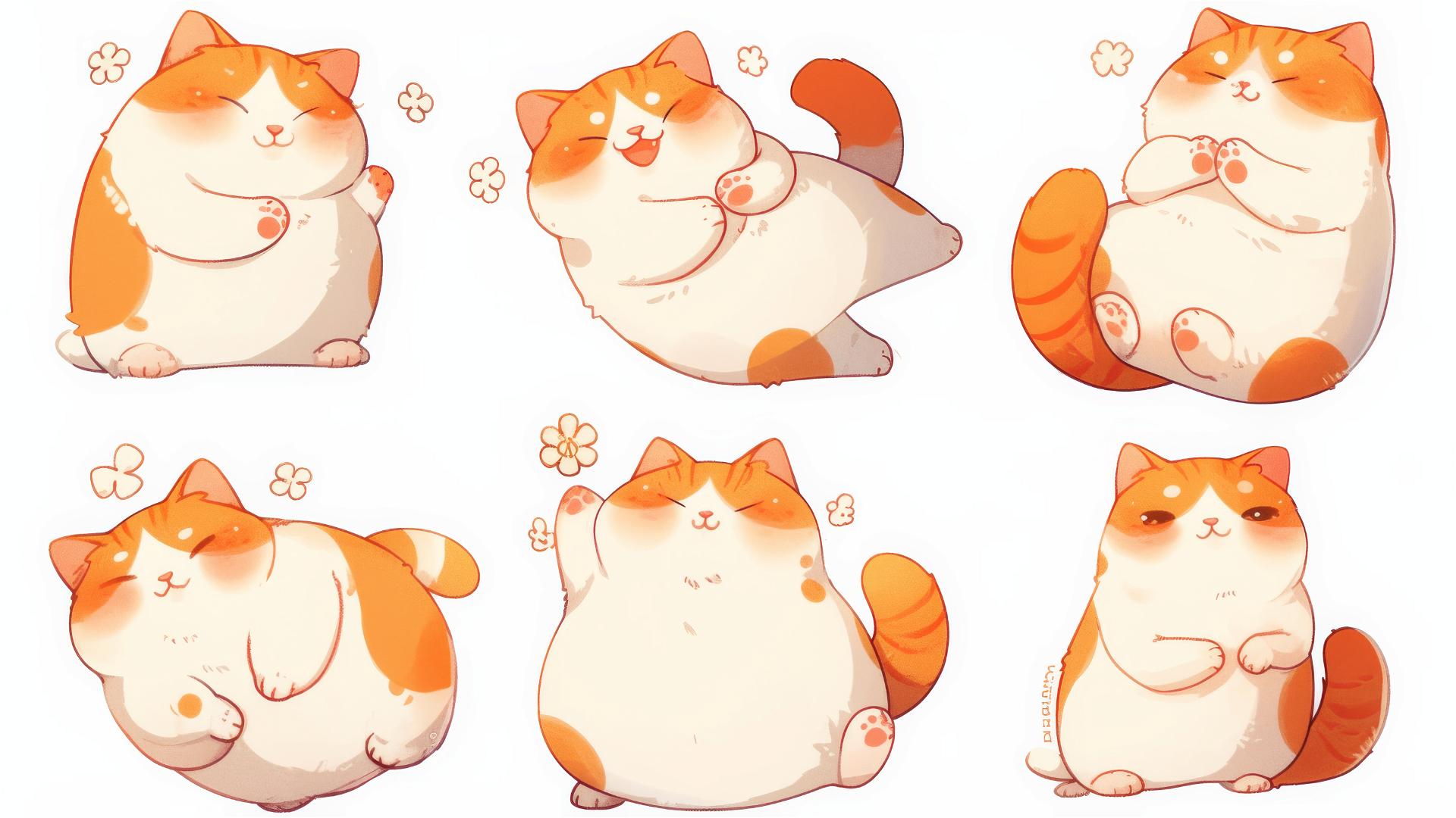 Cartoon fat cat in funny poses with pastel colors