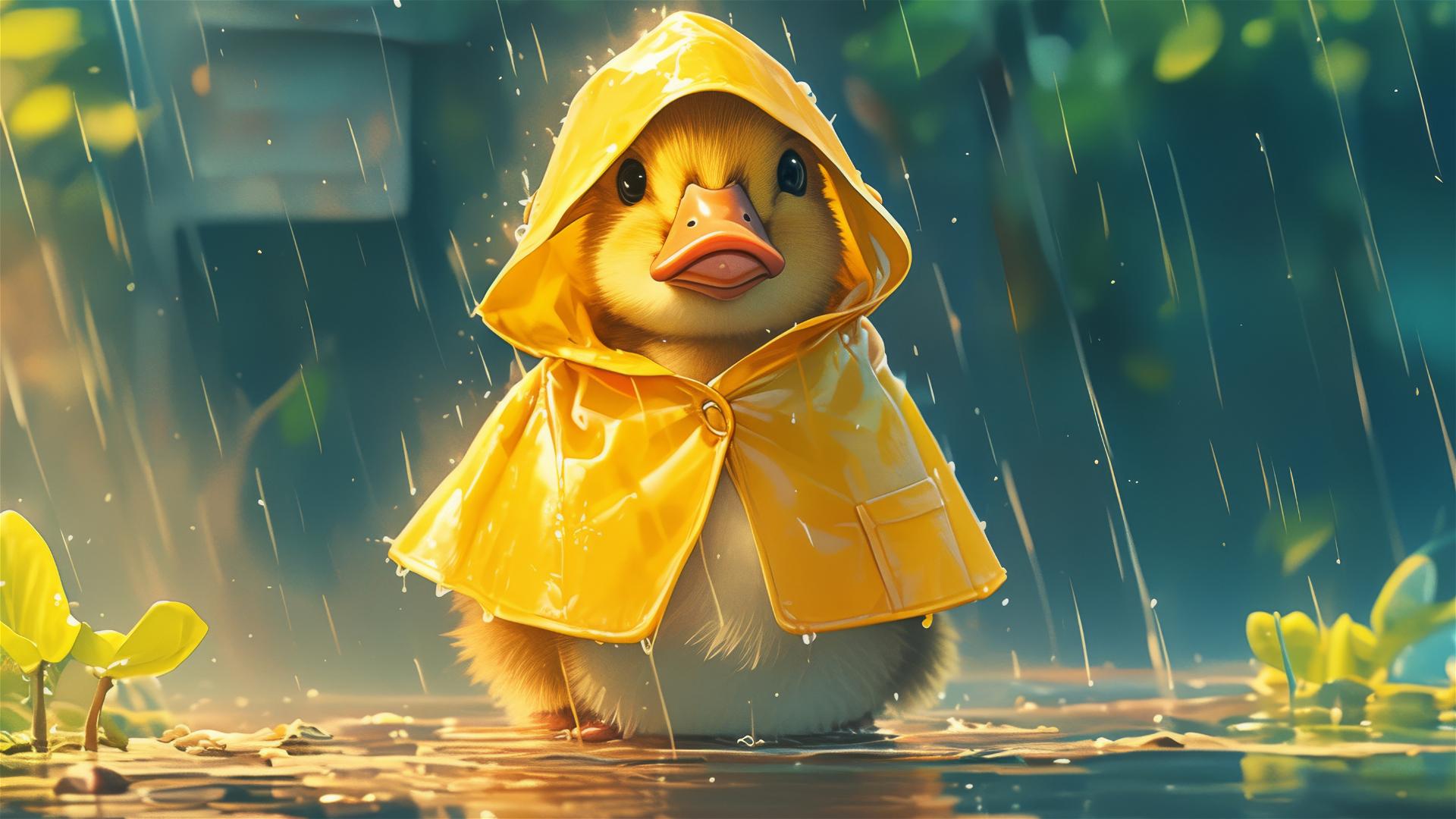 Photorealistic baby duck in a yellow raincoat, film style