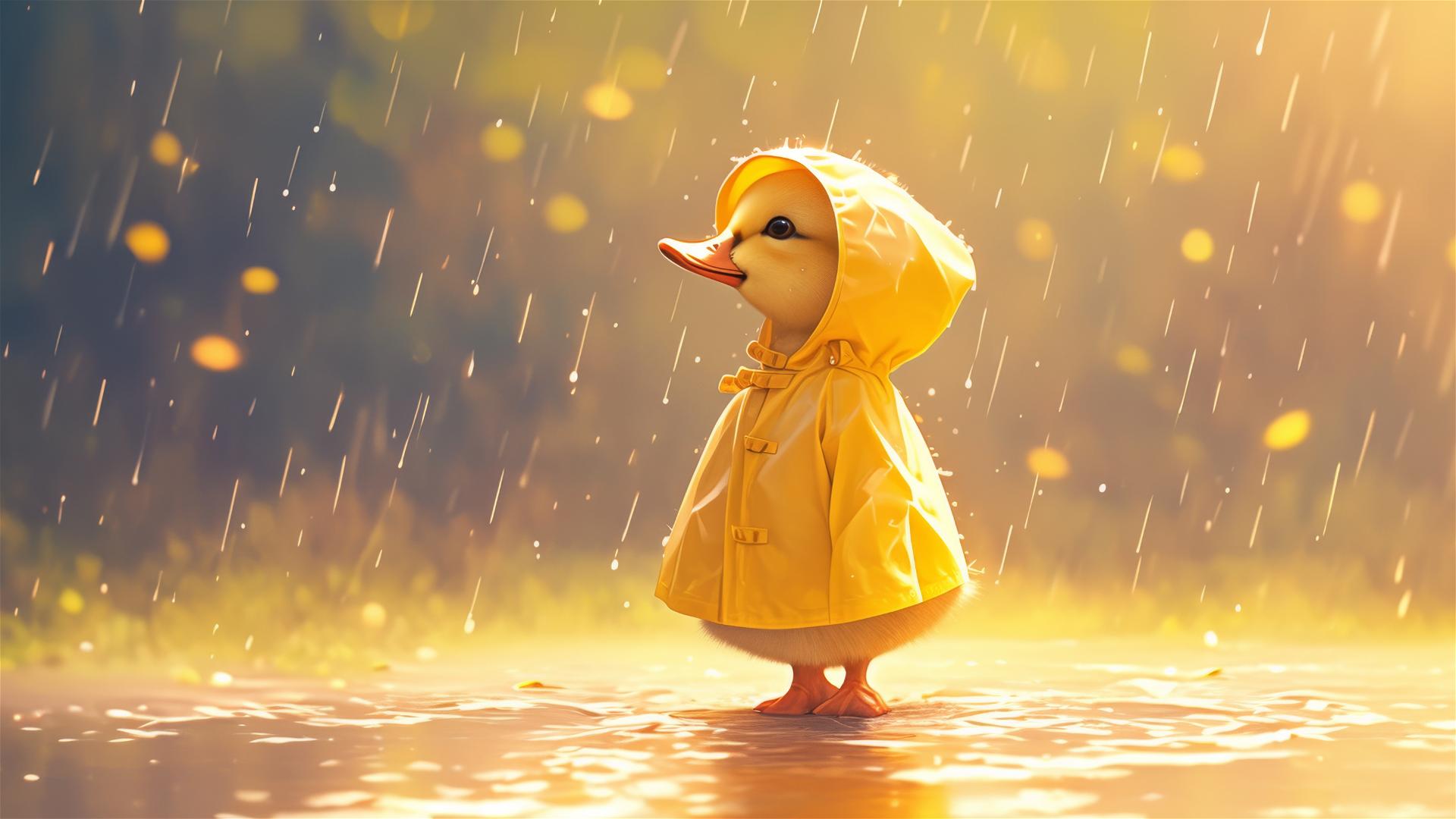 Photorealistic baby duck in a yellow raincoat, film style