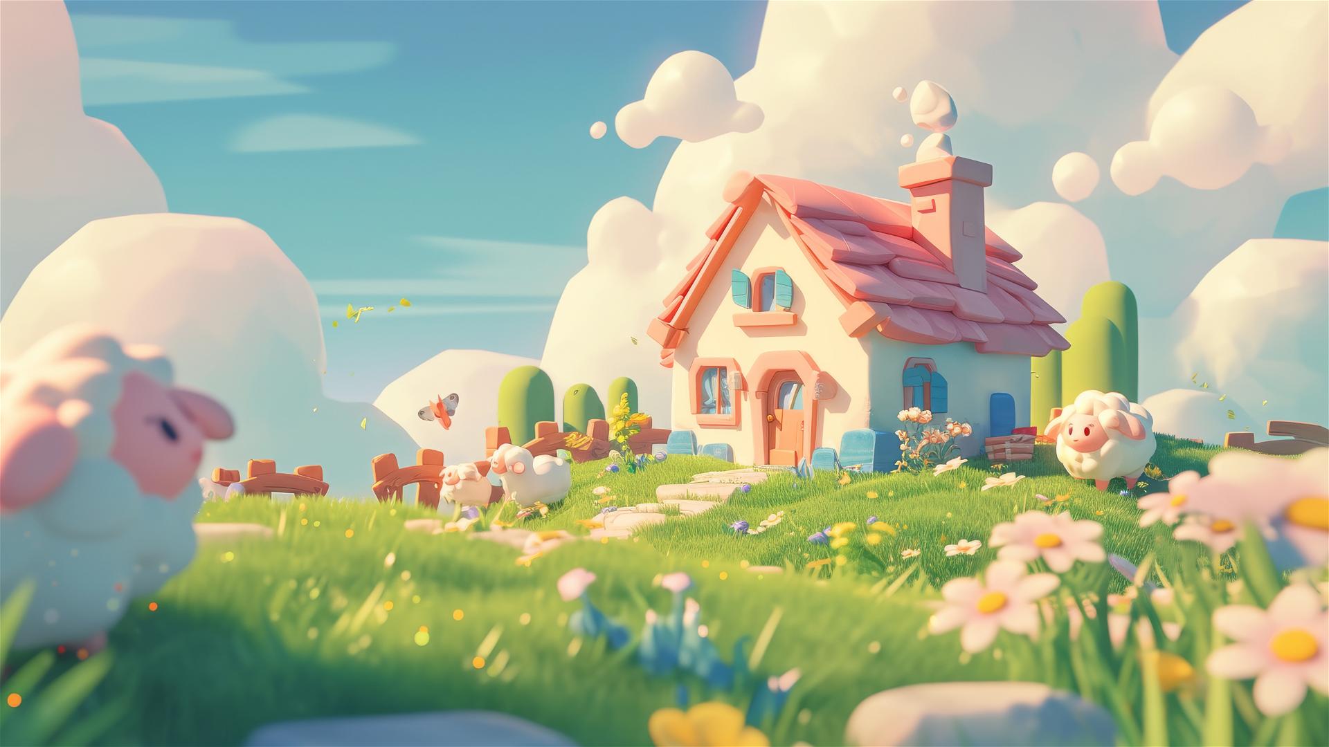 Nintendo-style 3D cartoon of a house with pink roof, blue eaves, and sheep in a field.