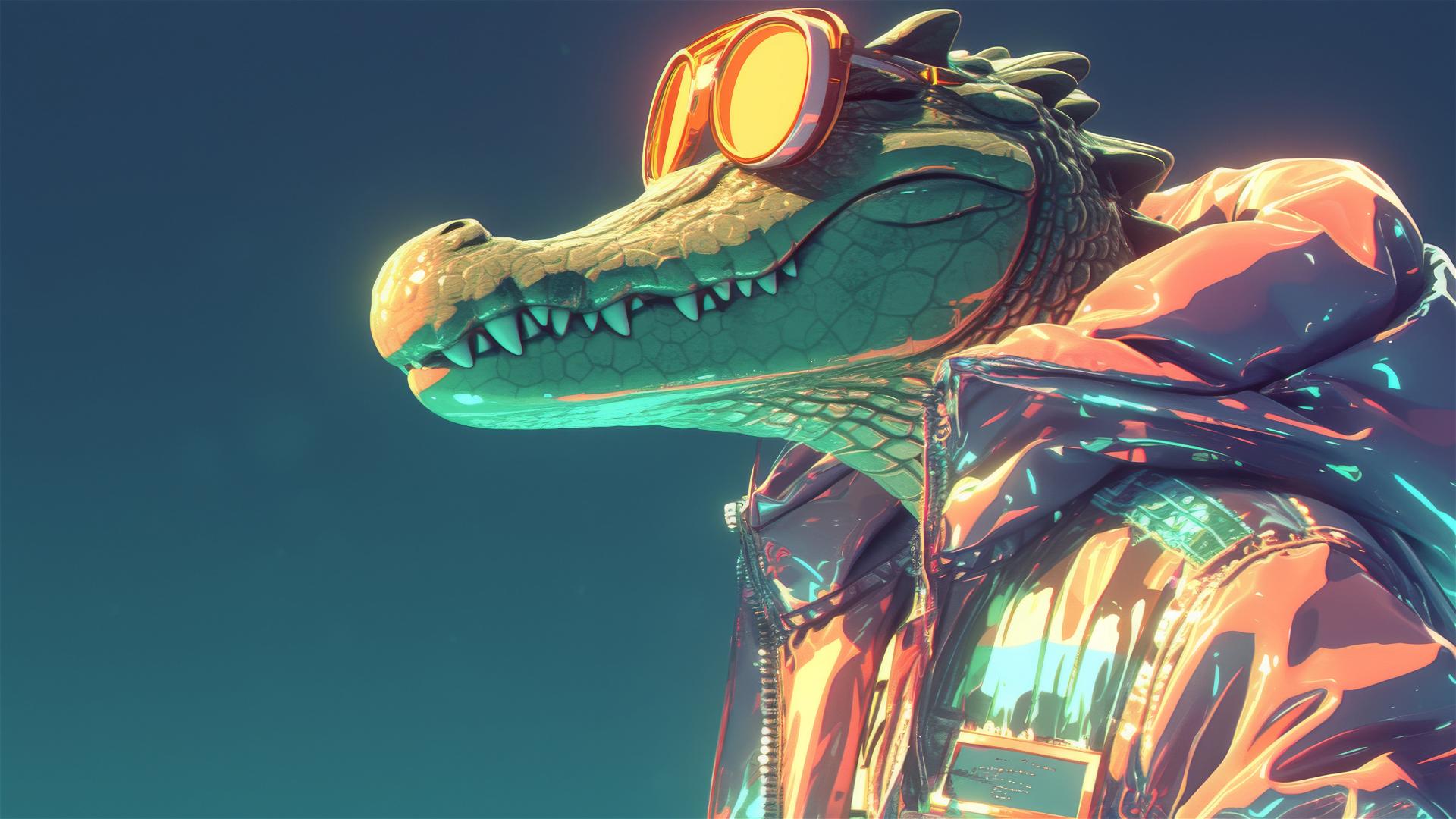 3D-rendered crocodile head on human body in iridescent shirt