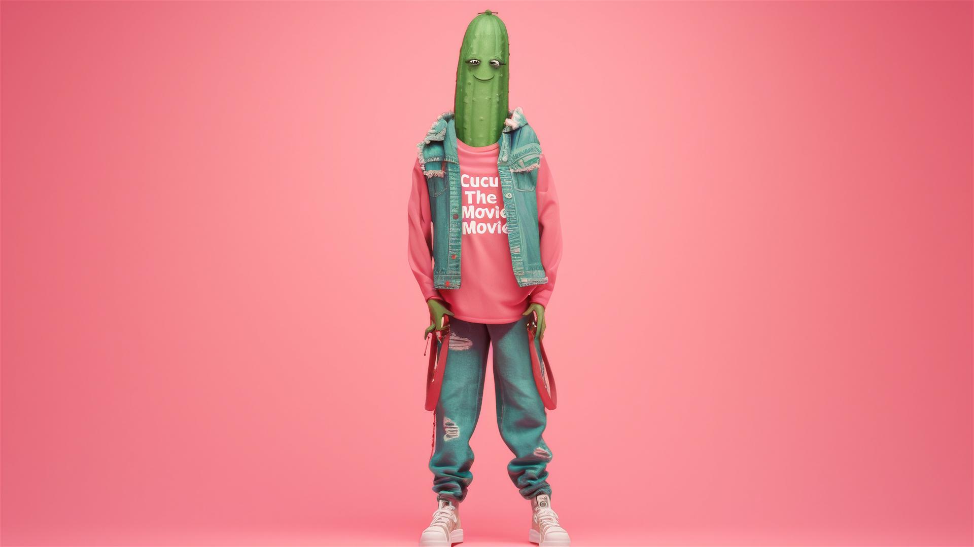 Anthropomorphic cucumber doll in denim, 'Cucu The Movie' packaging