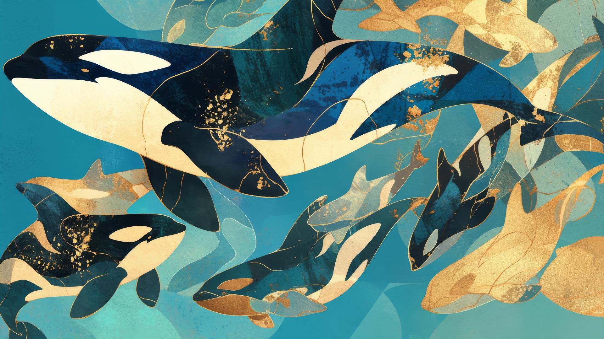 Matisse-style orcas on pastel blue with gold accents