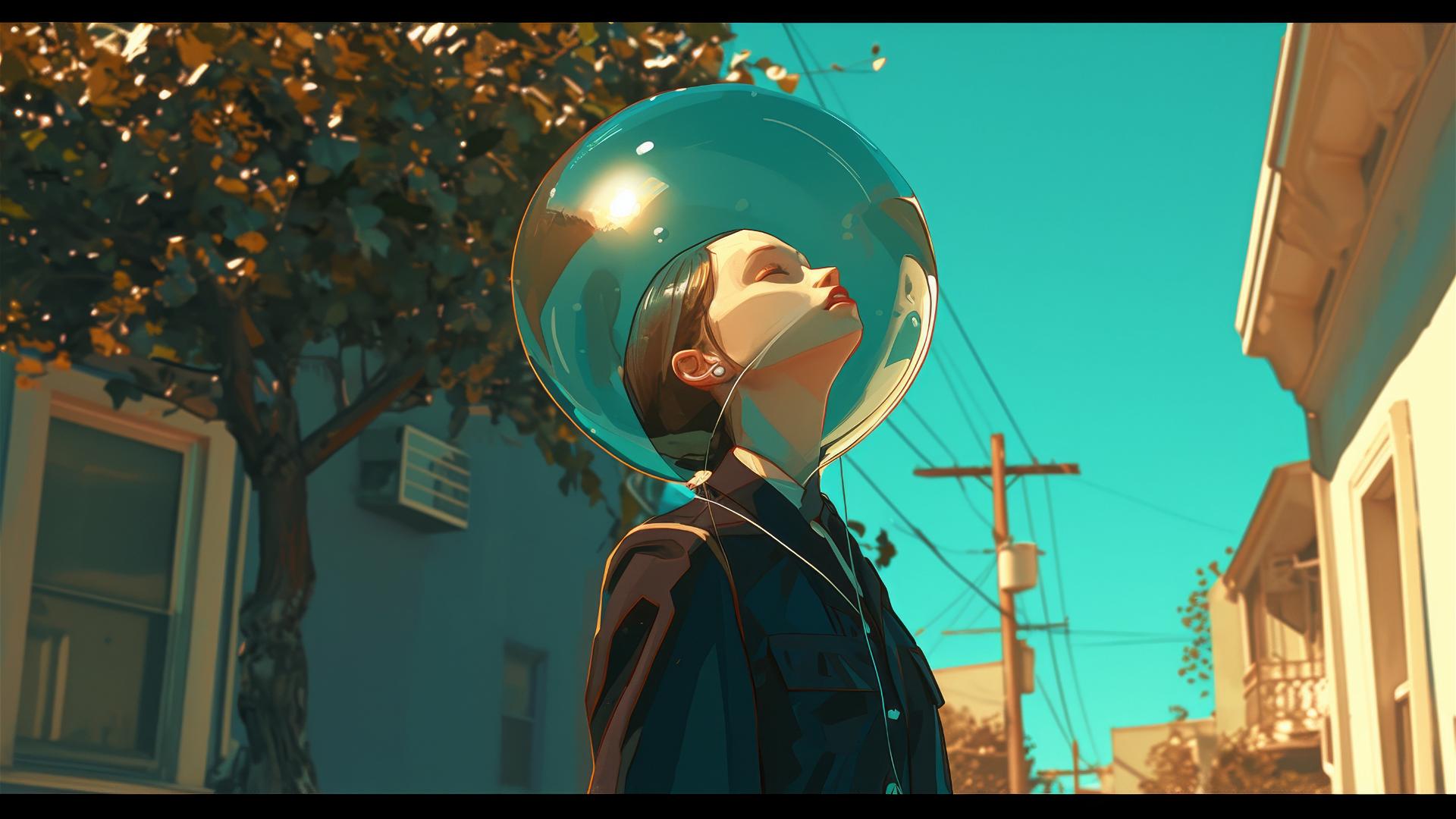 1960s woman with a huge balloon head in a cinematic retro neighborhood