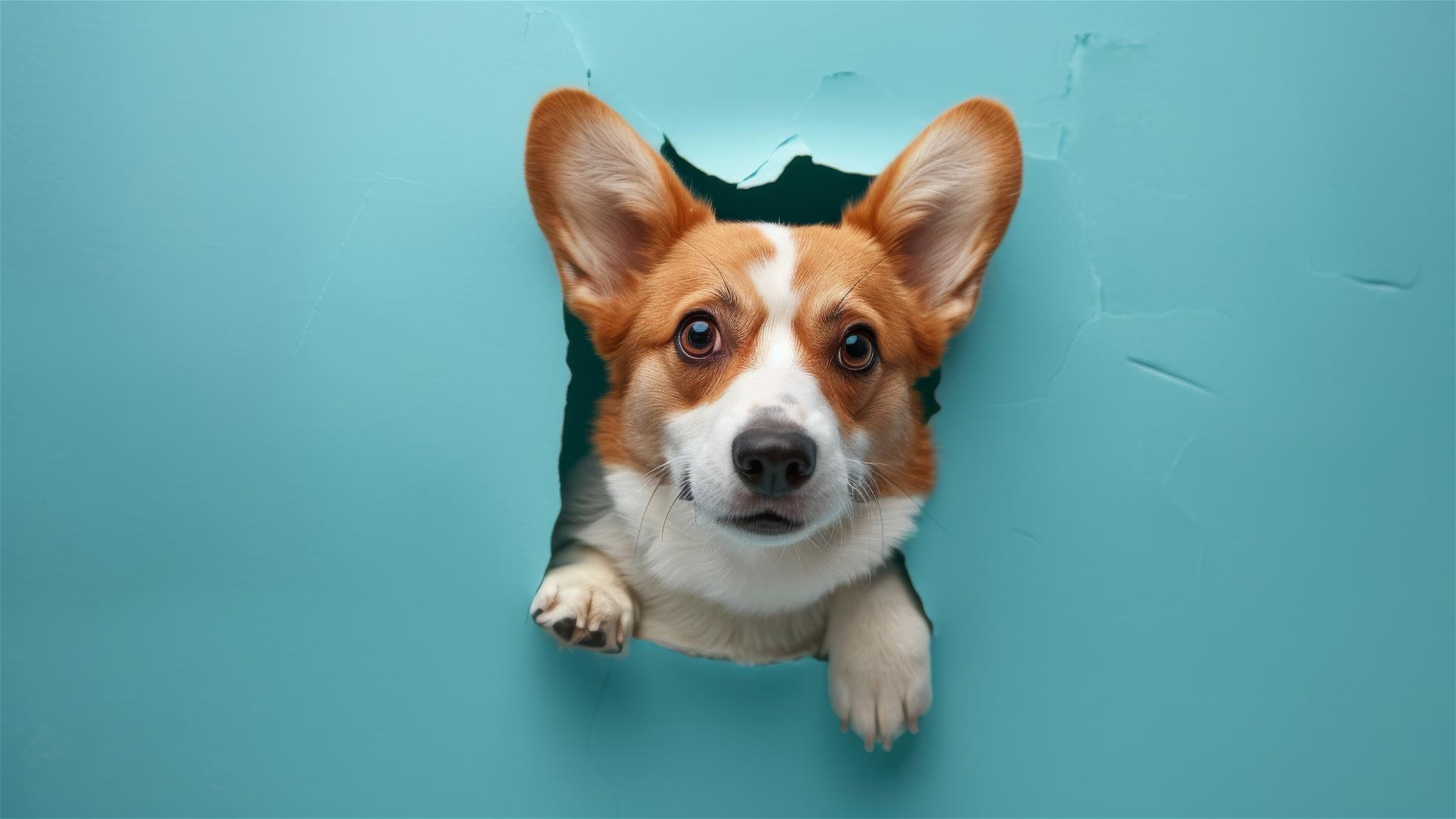 Colorful Corgi peeking through a hole in a sky blue paper