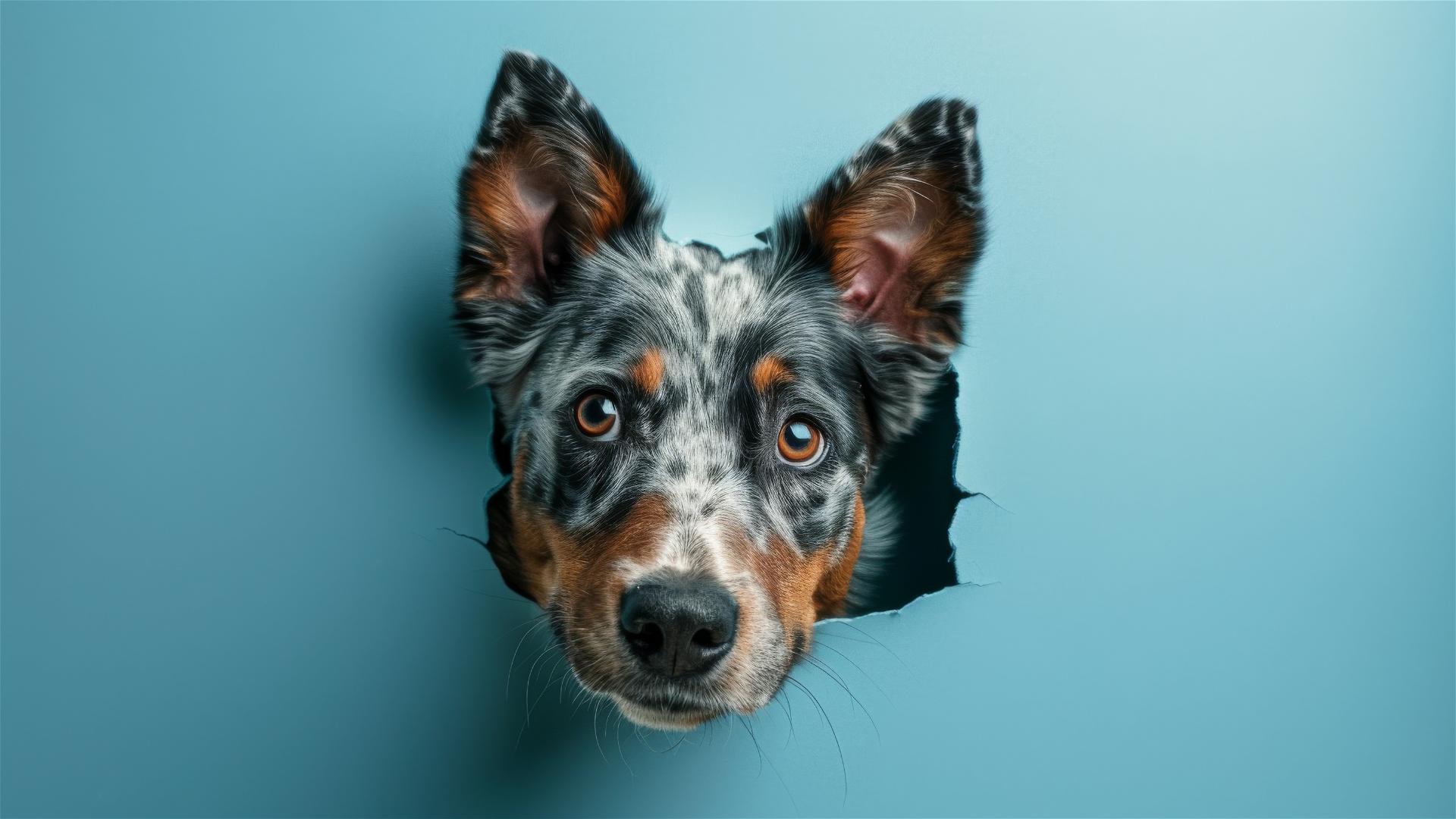 Australian Cattle Dog peeking through sky blue paper