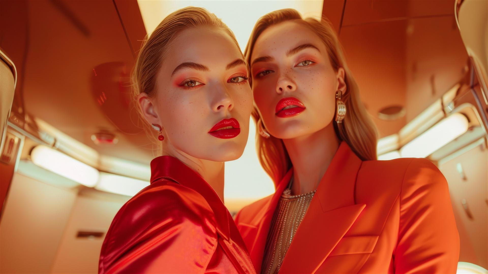 Two space flight attendants in Louboutins, 2035, Helmut Newton style