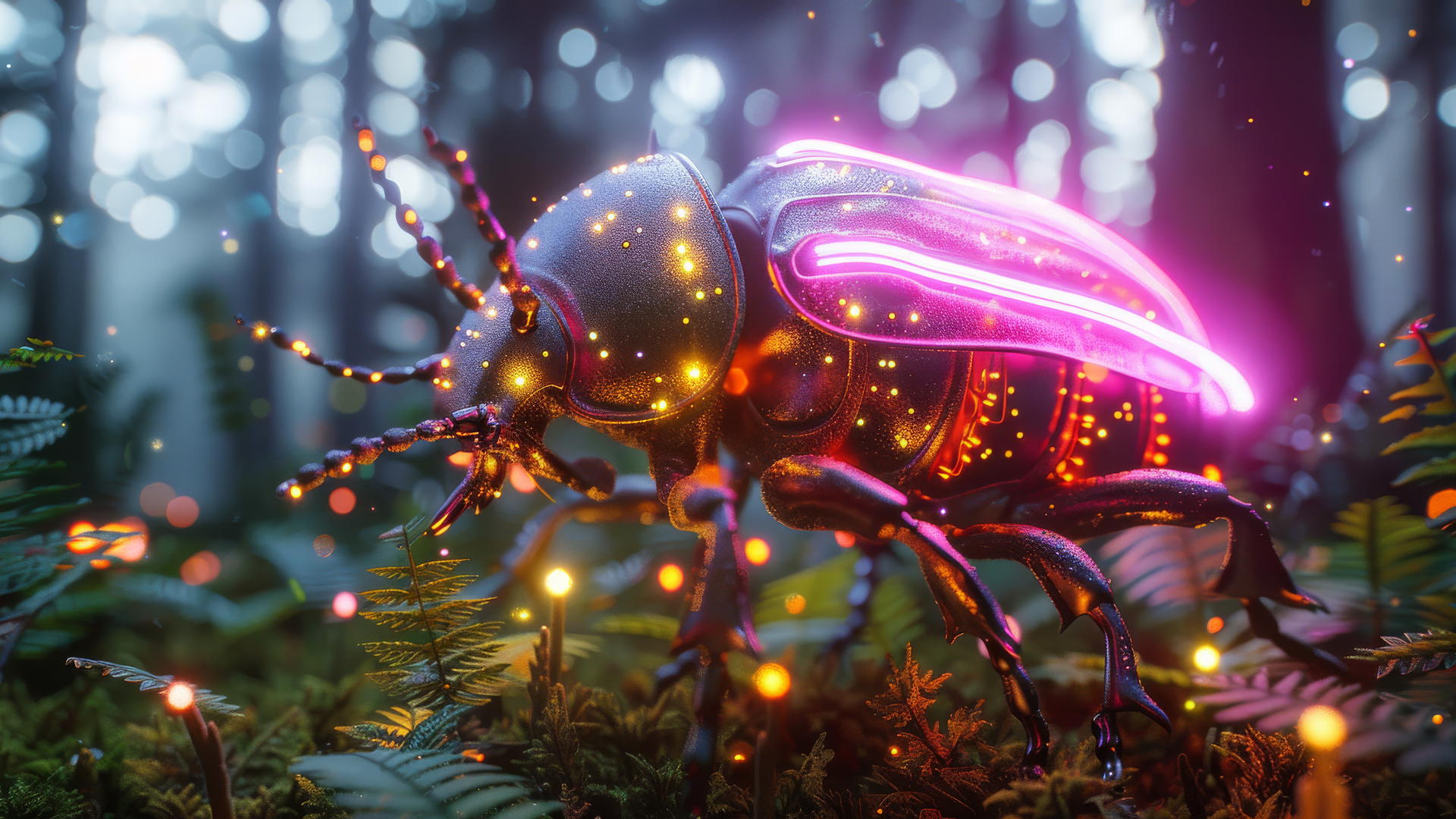 Neon Unicorn Beetle with reflective glass in a sci-fi forest