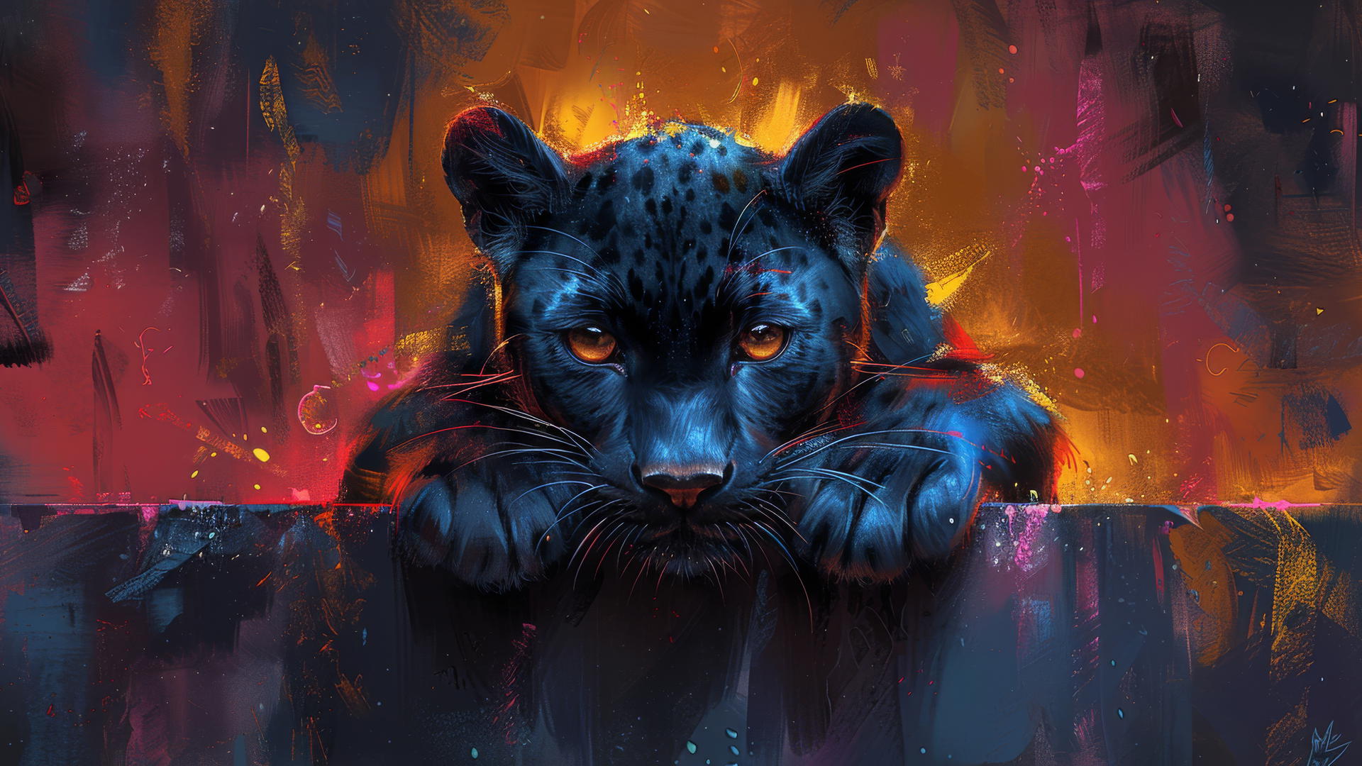 Happy black panther with colorful oil painting background in anime style