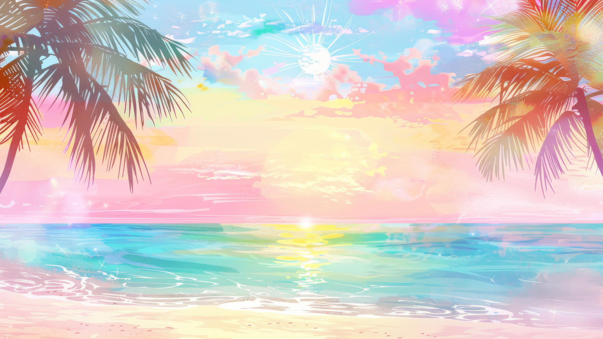 Tropical beach watercolor with rainbow hues, palm trees, sandy beach, and sunset sky with clouds.