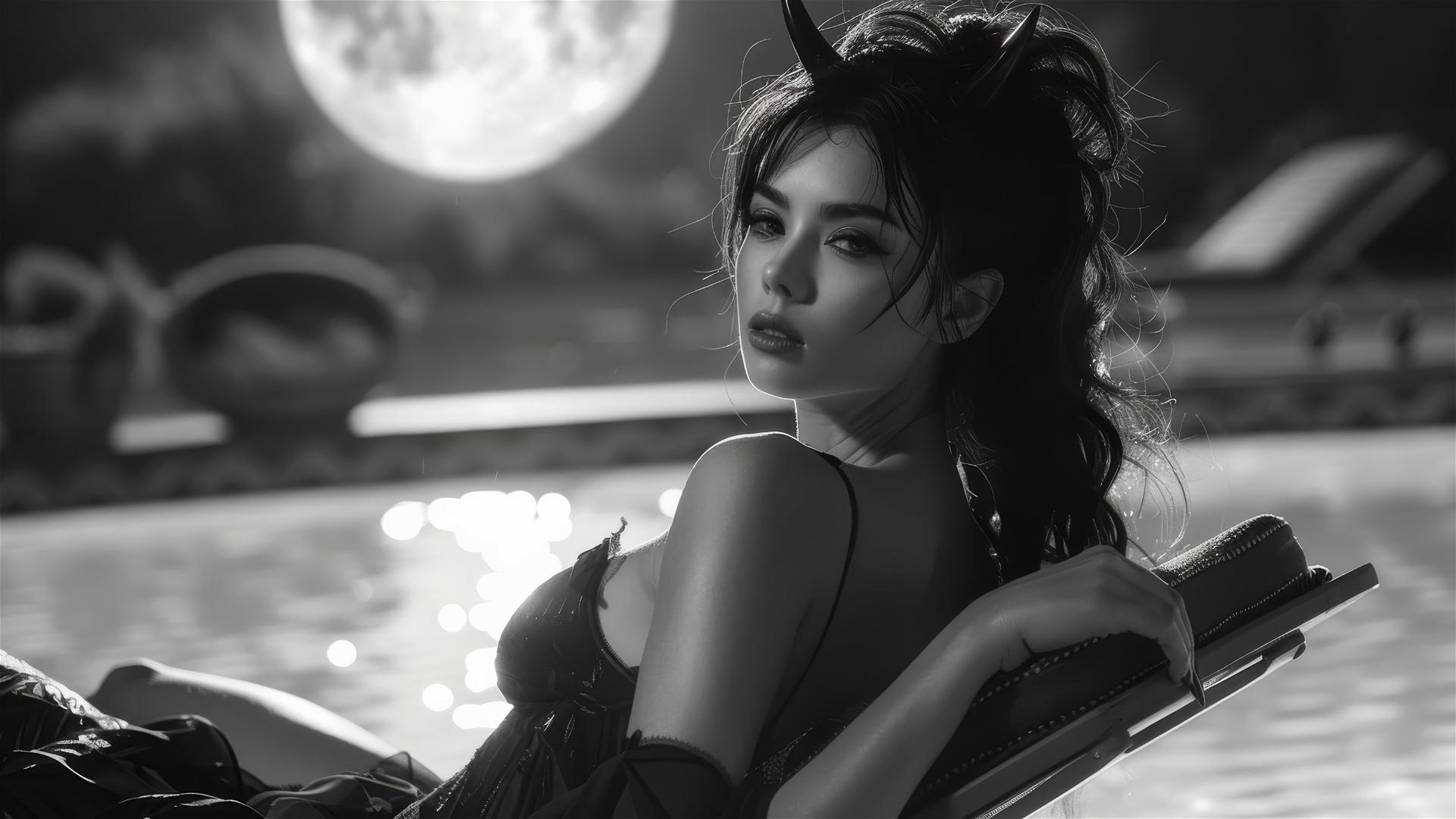 Asian female demon with horns lying by poolside in moonlight
