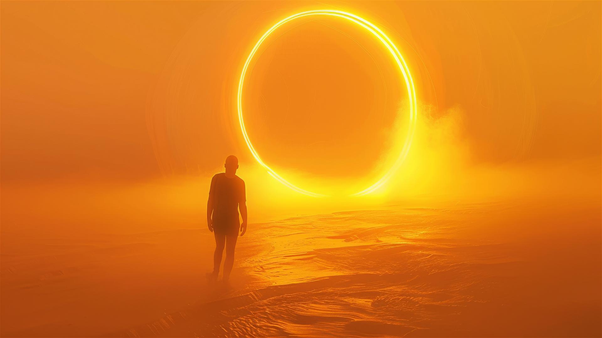 Angular man caught in sandstorm with dynamic neon lighting, minimalist surreal illustration.