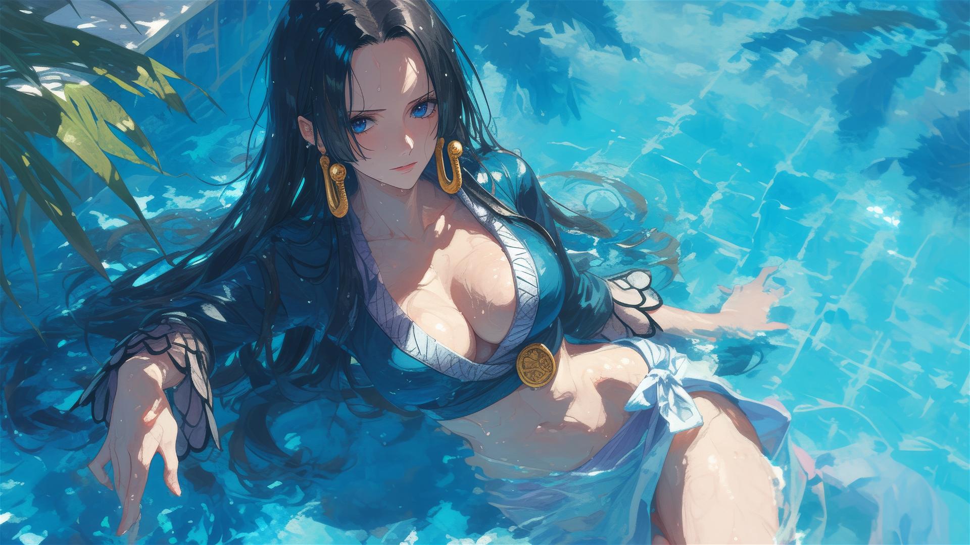 Boa Hancock from One Piece swimming in a pool under moonlight
