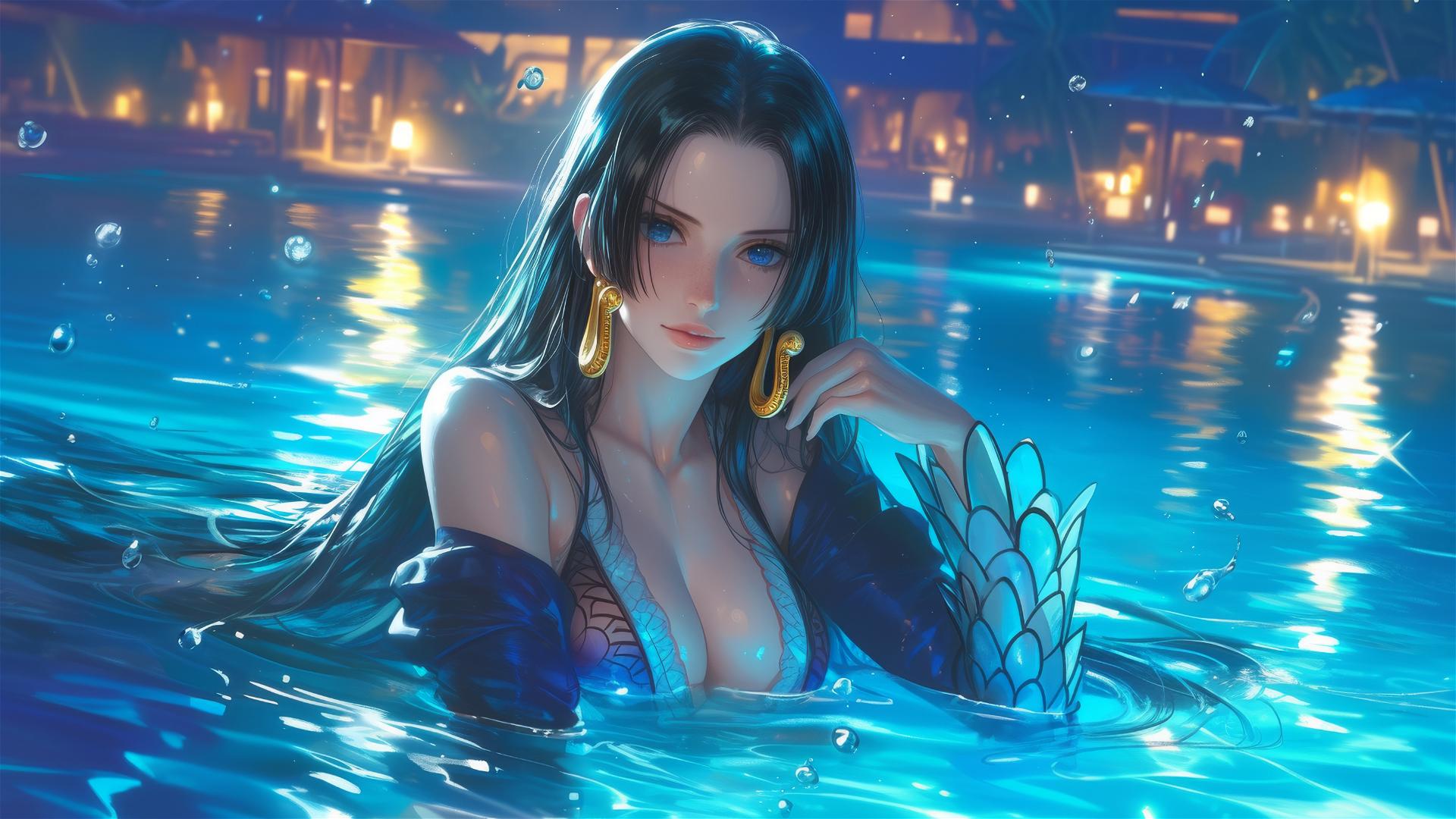 Boa Hancock from One Piece standing in a pool under moonlight