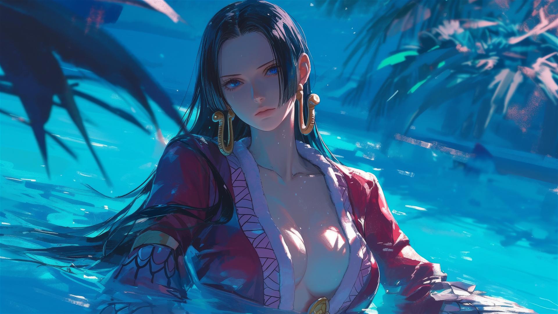 Boa Hancock from One Piece standing in a pool under moonlight