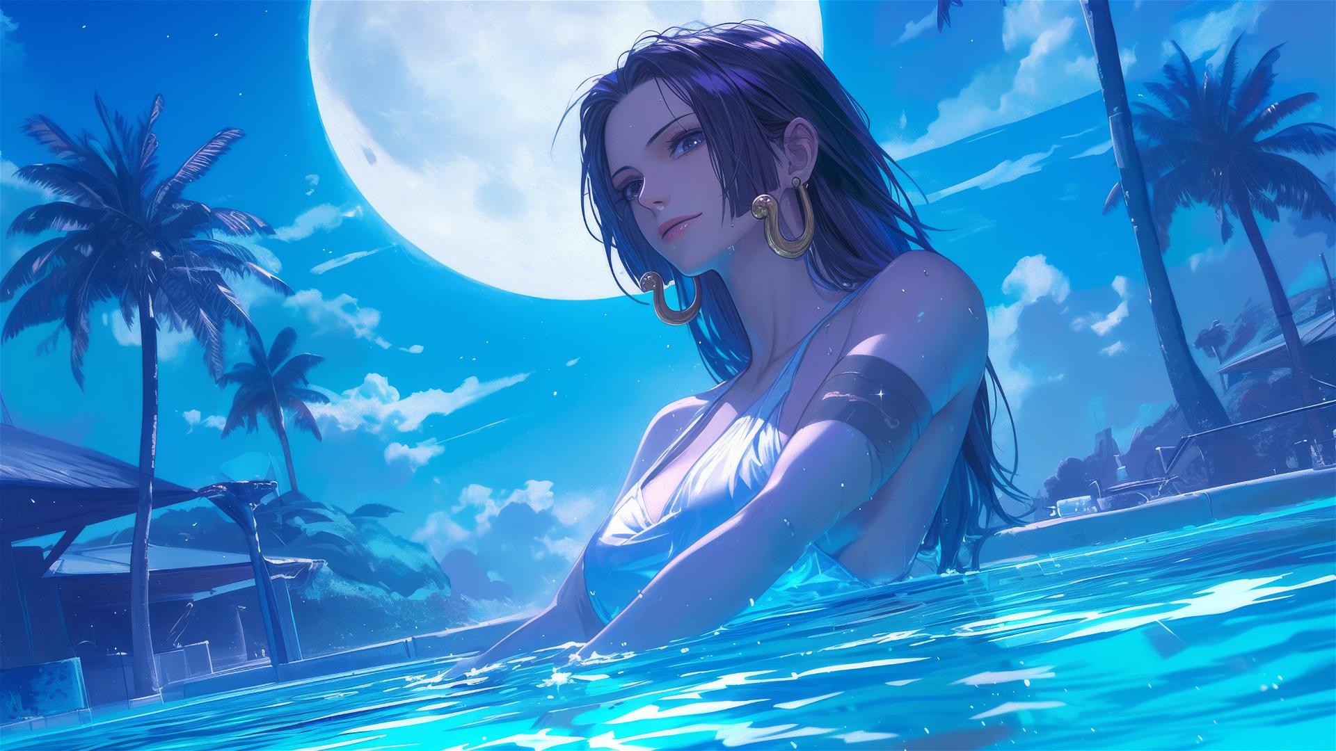 Boa Hancock from One Piece standing in a pool under moonlight