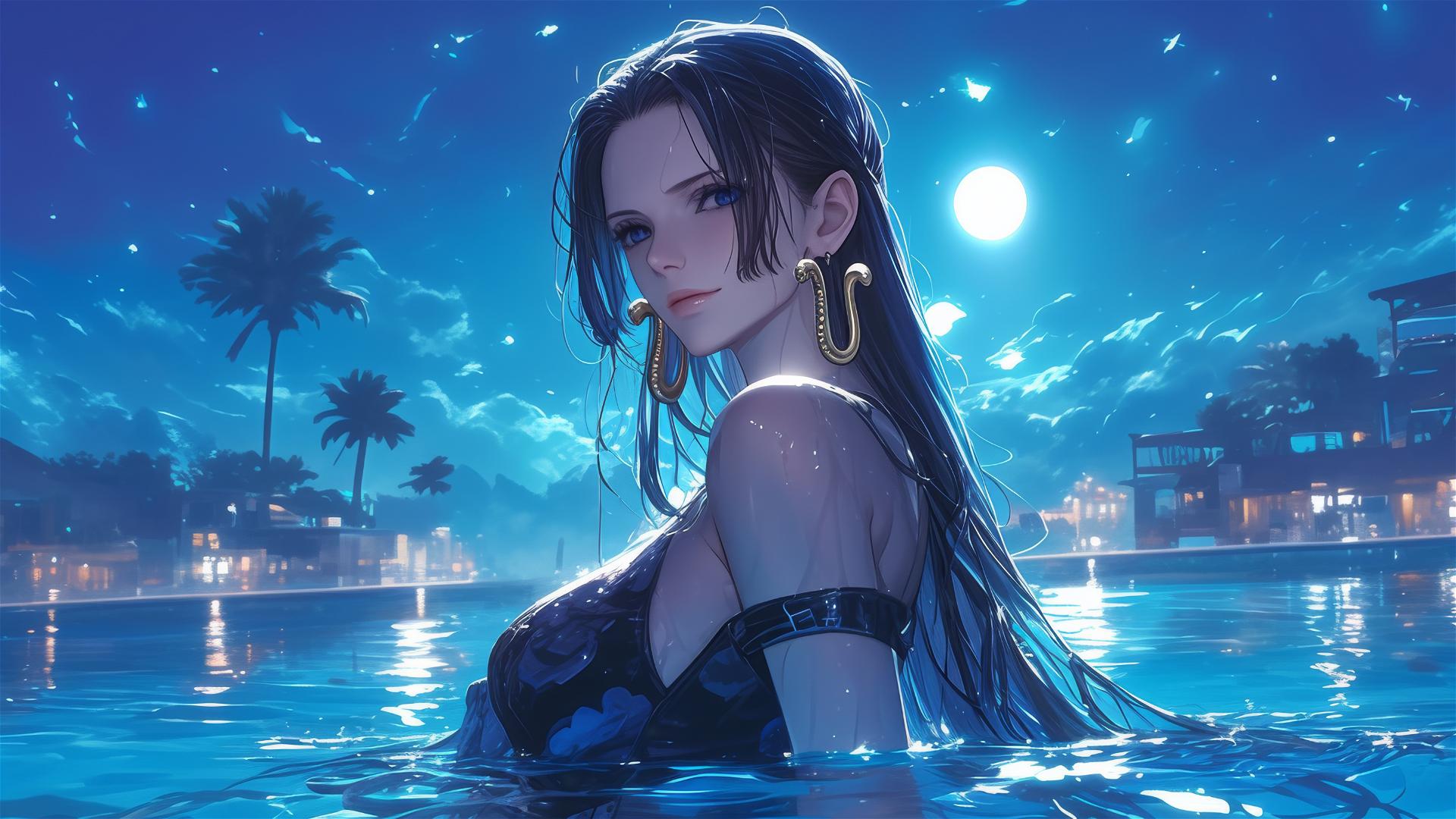 Boa Hancock from One Piece standing in pool under moonlight