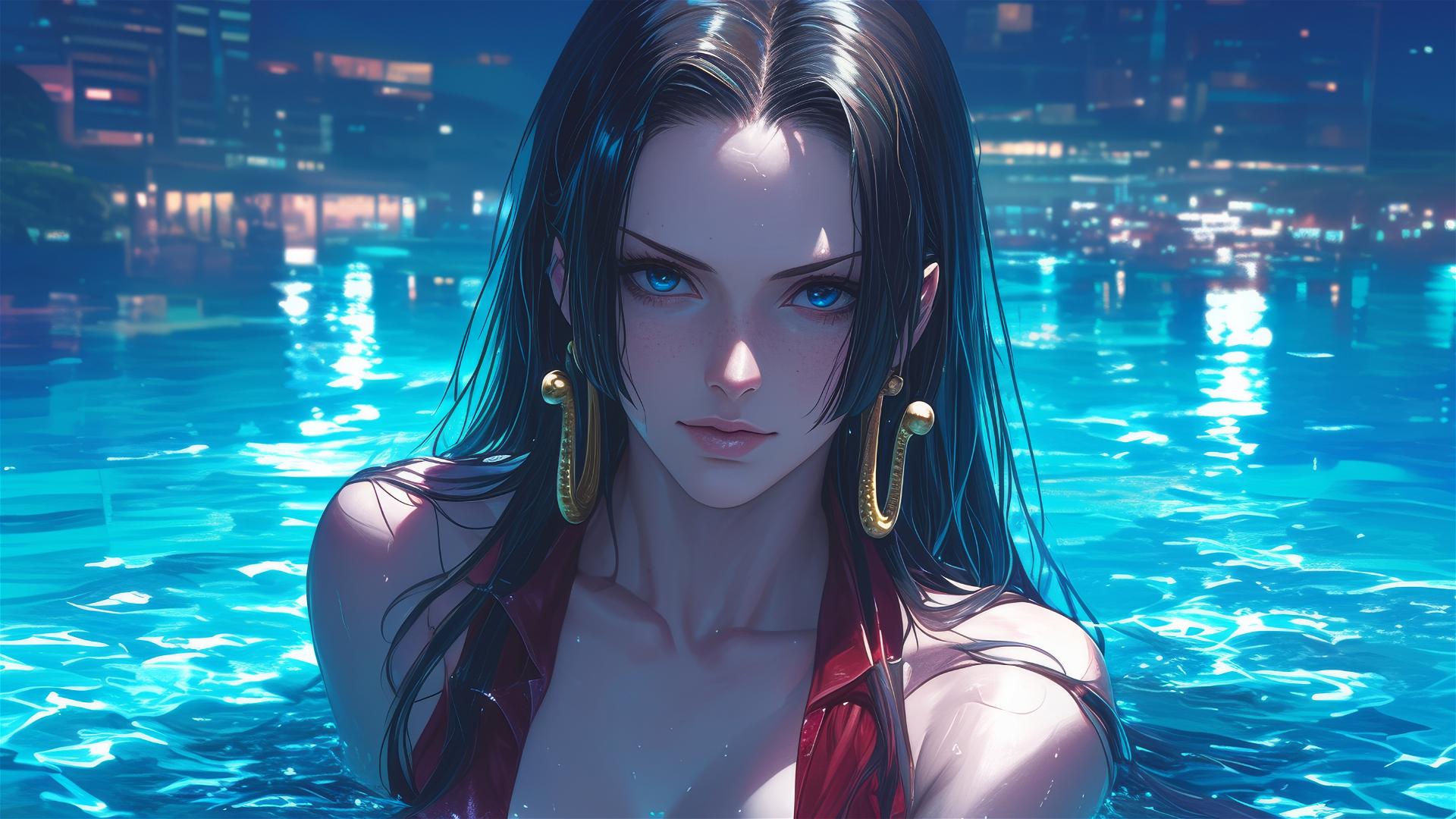 Boa Hancock from One Piece standing in a pool under moonlight