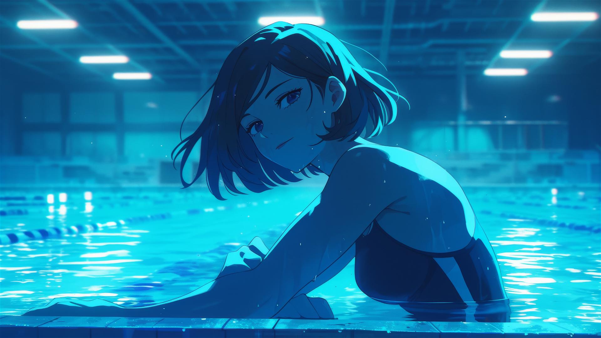 Nobara Kugisaki from Jujutsu Kaisen swimming under moonlight