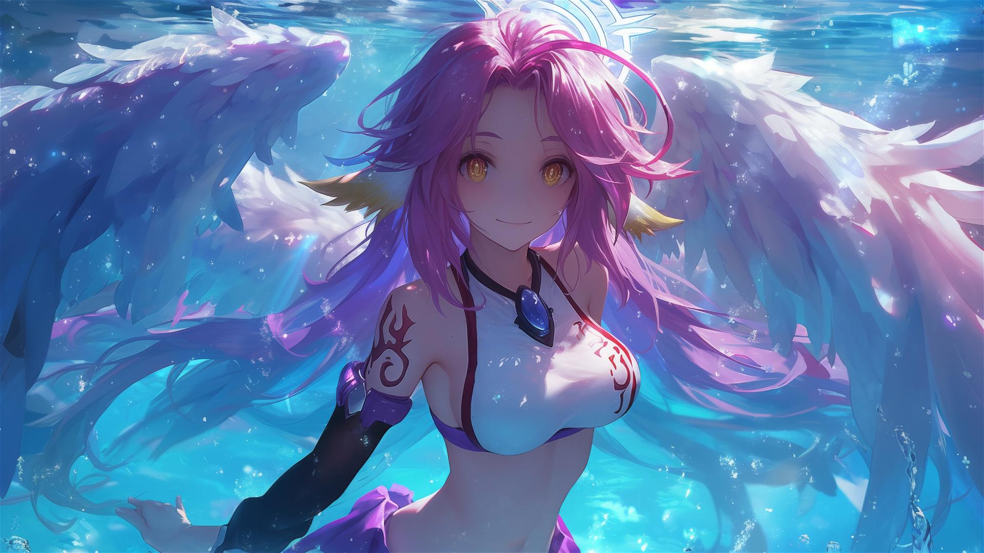 Jibril from No Game No Life swimming in moonlit pool