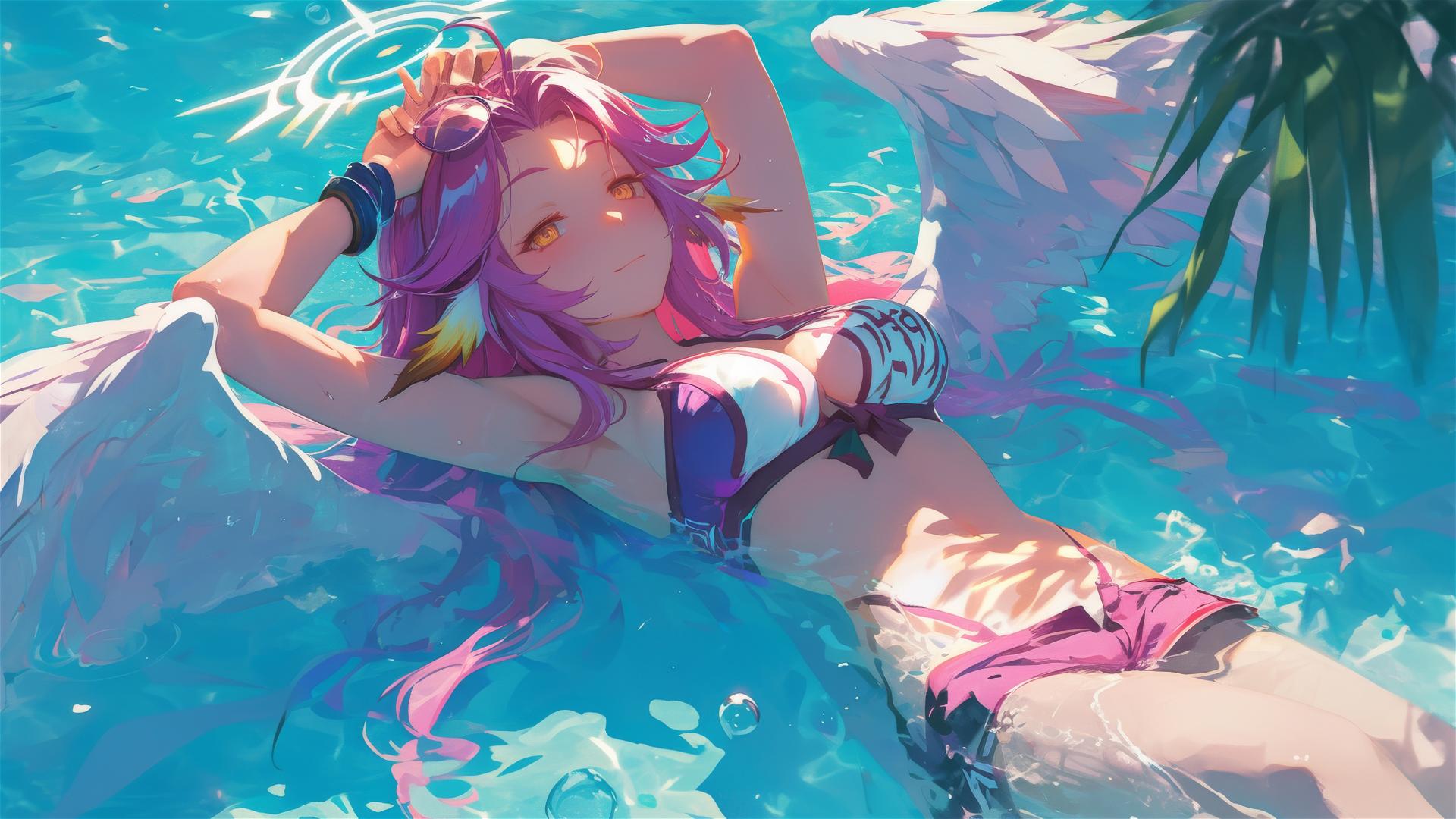 Jibril from No Game No Life swimming in a moonlit pool