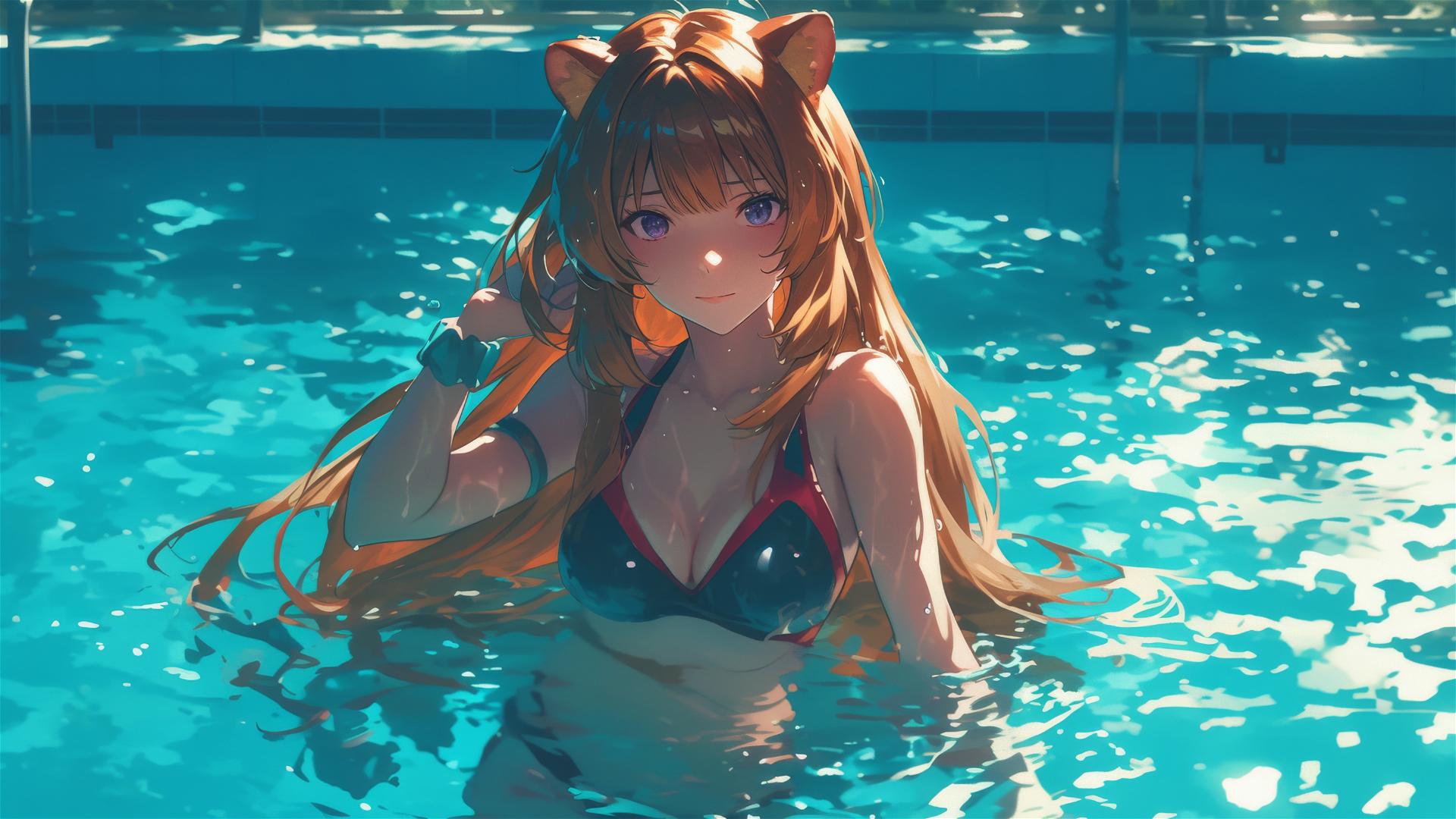 Raphtalia by the pool under moonlight