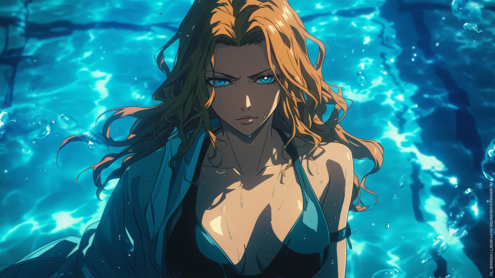 Rangiku Matsumoto from Bleach standing in a pool under moonlight