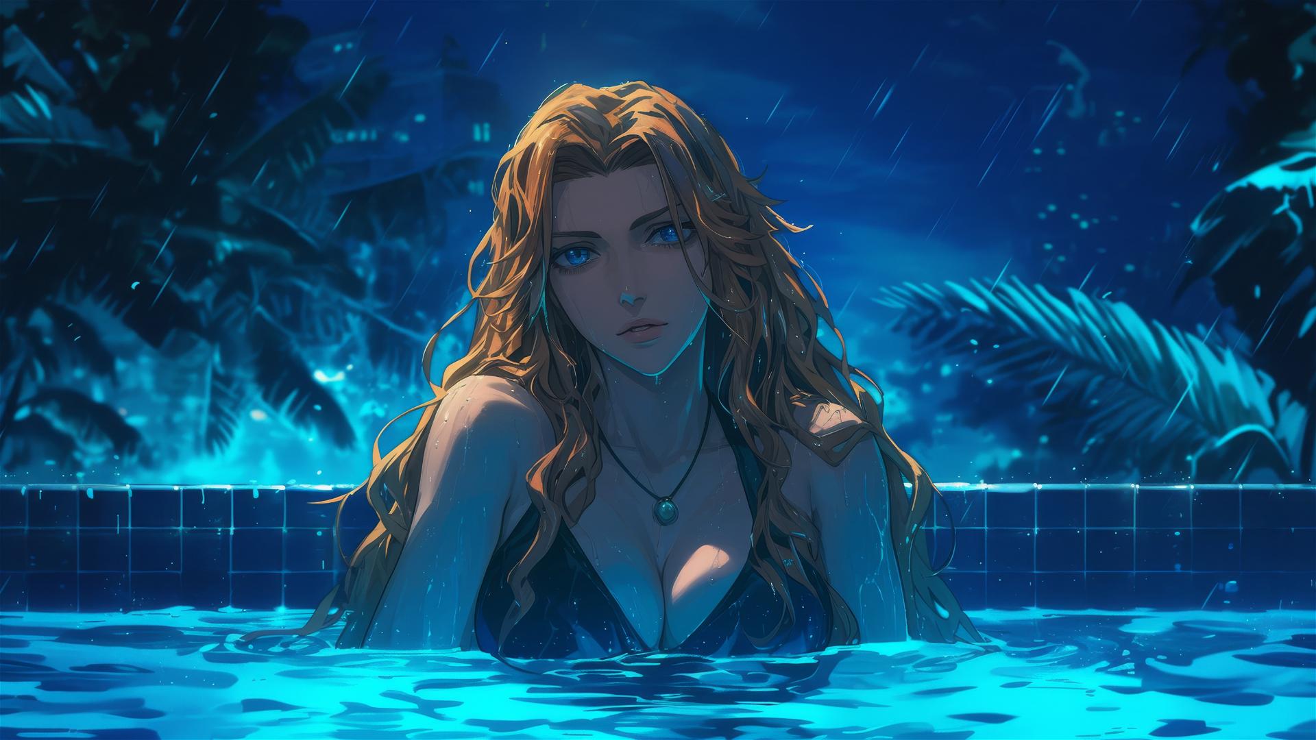 Rangiku Matsumoto from Bleach leisurely in pool under moonlight
