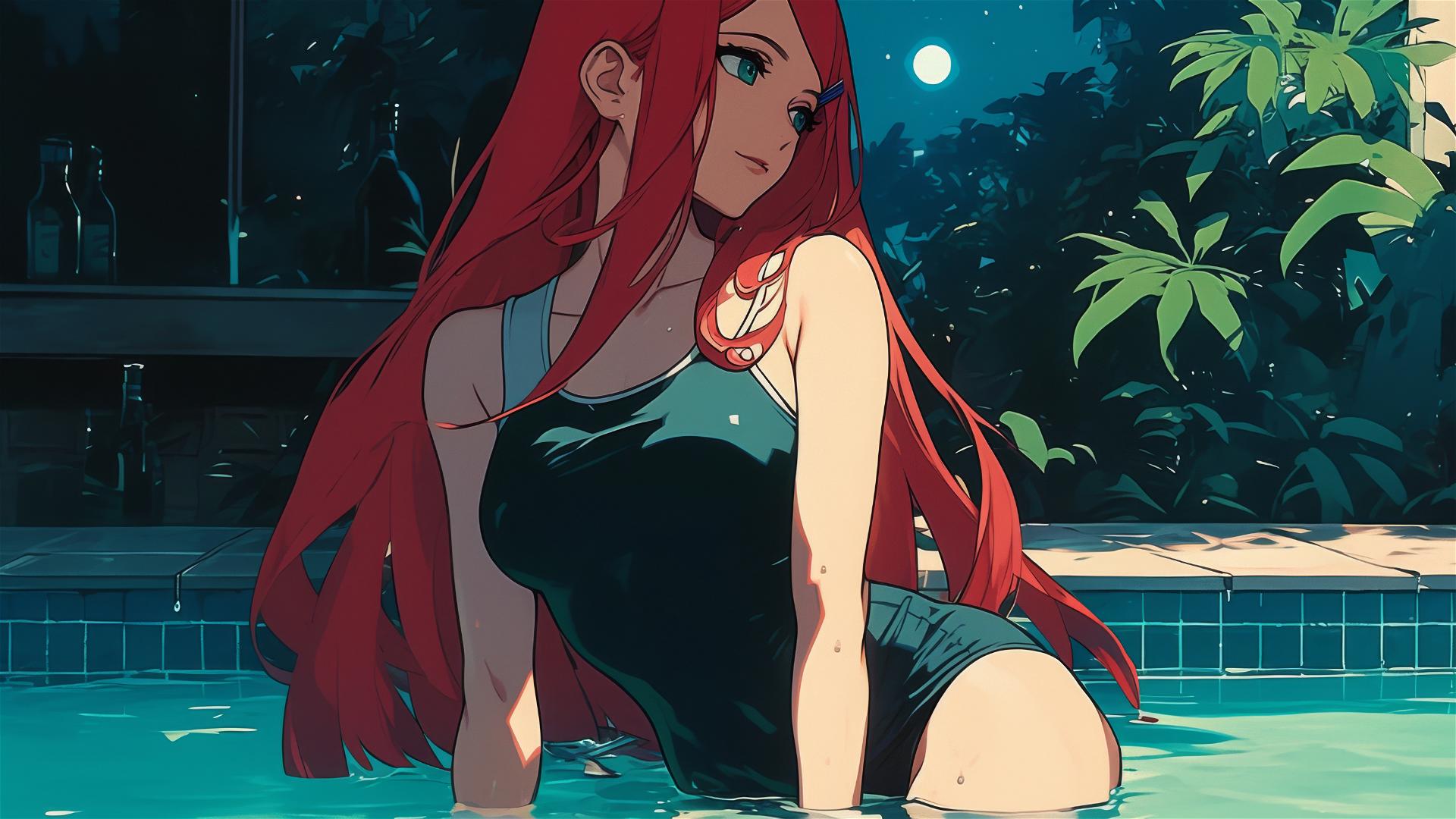 Kushina Uzumaki from Naruto in pool under moonlight