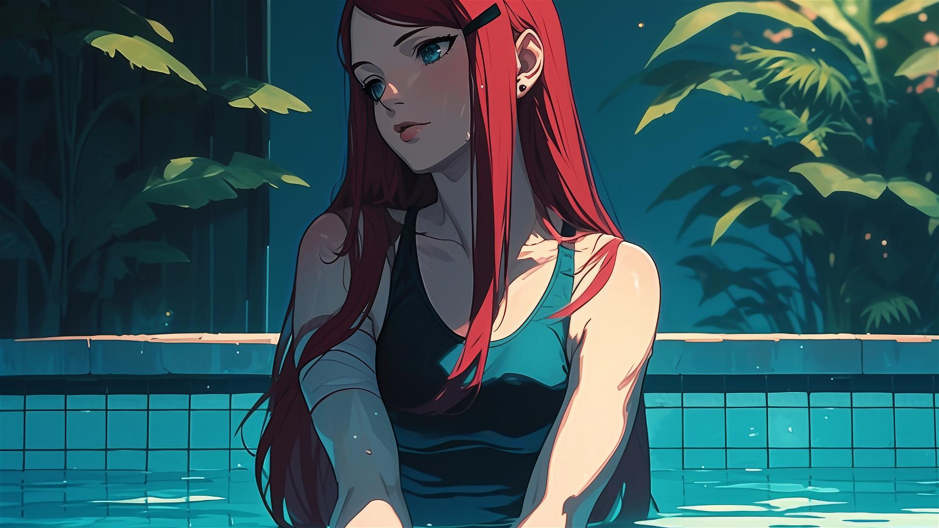 Kushina Uzumaki from Naruto Shippuden standing in a pool under moonlight