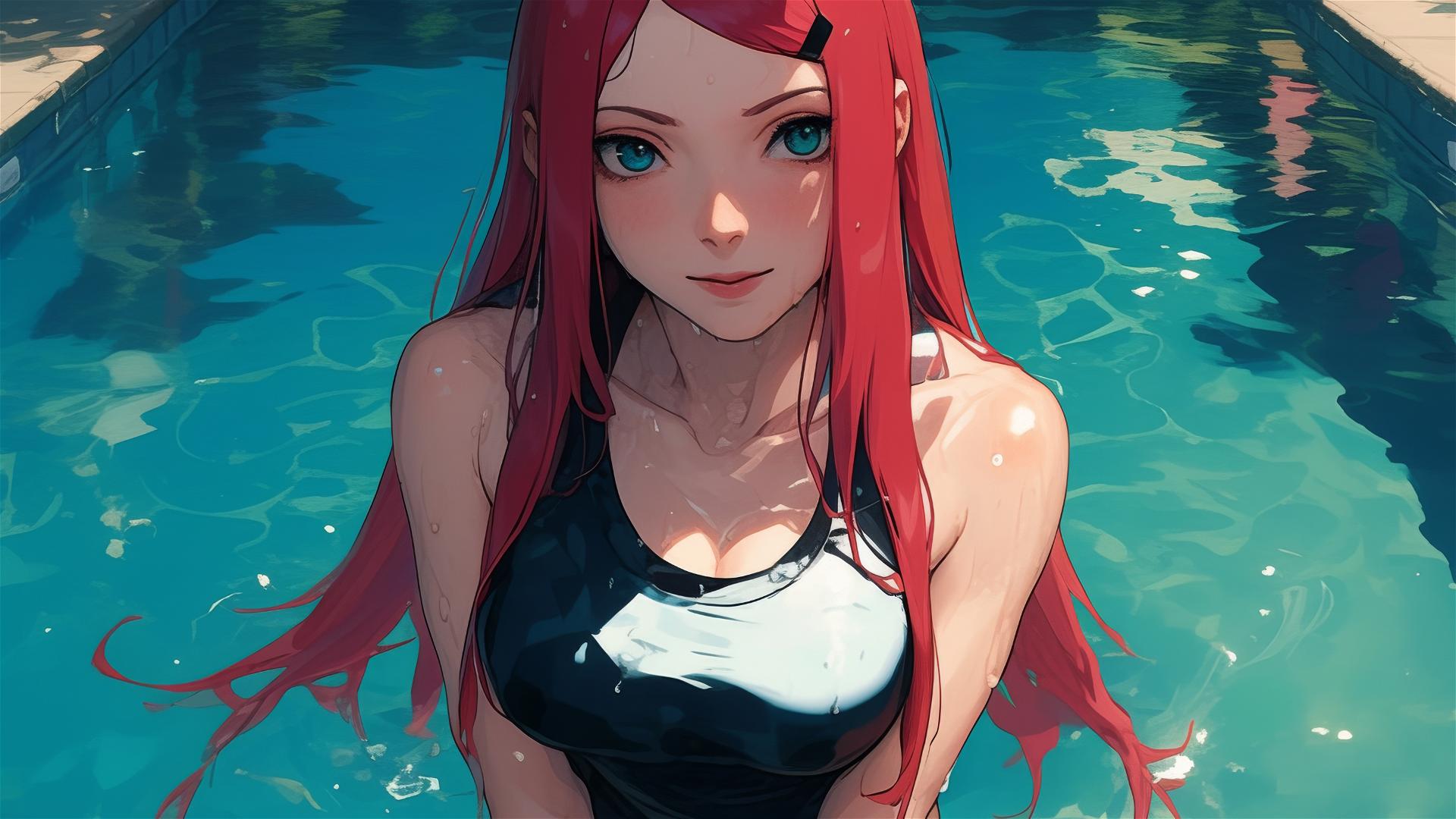 Kushina Uzumaki from Naruto Shippuden in a pool under moonlight