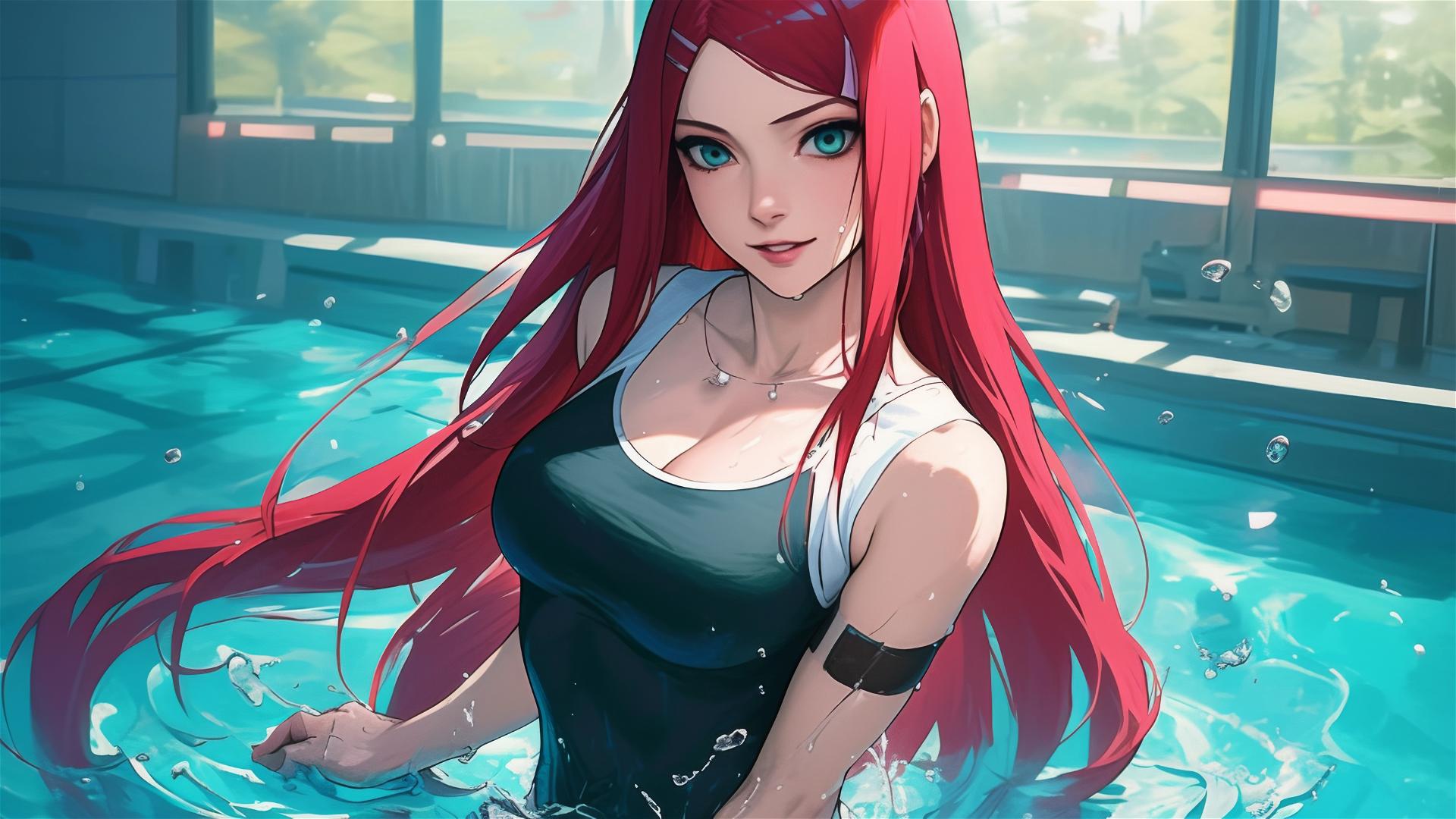 Kushina Uzumaki from Naruto in moonlit pool