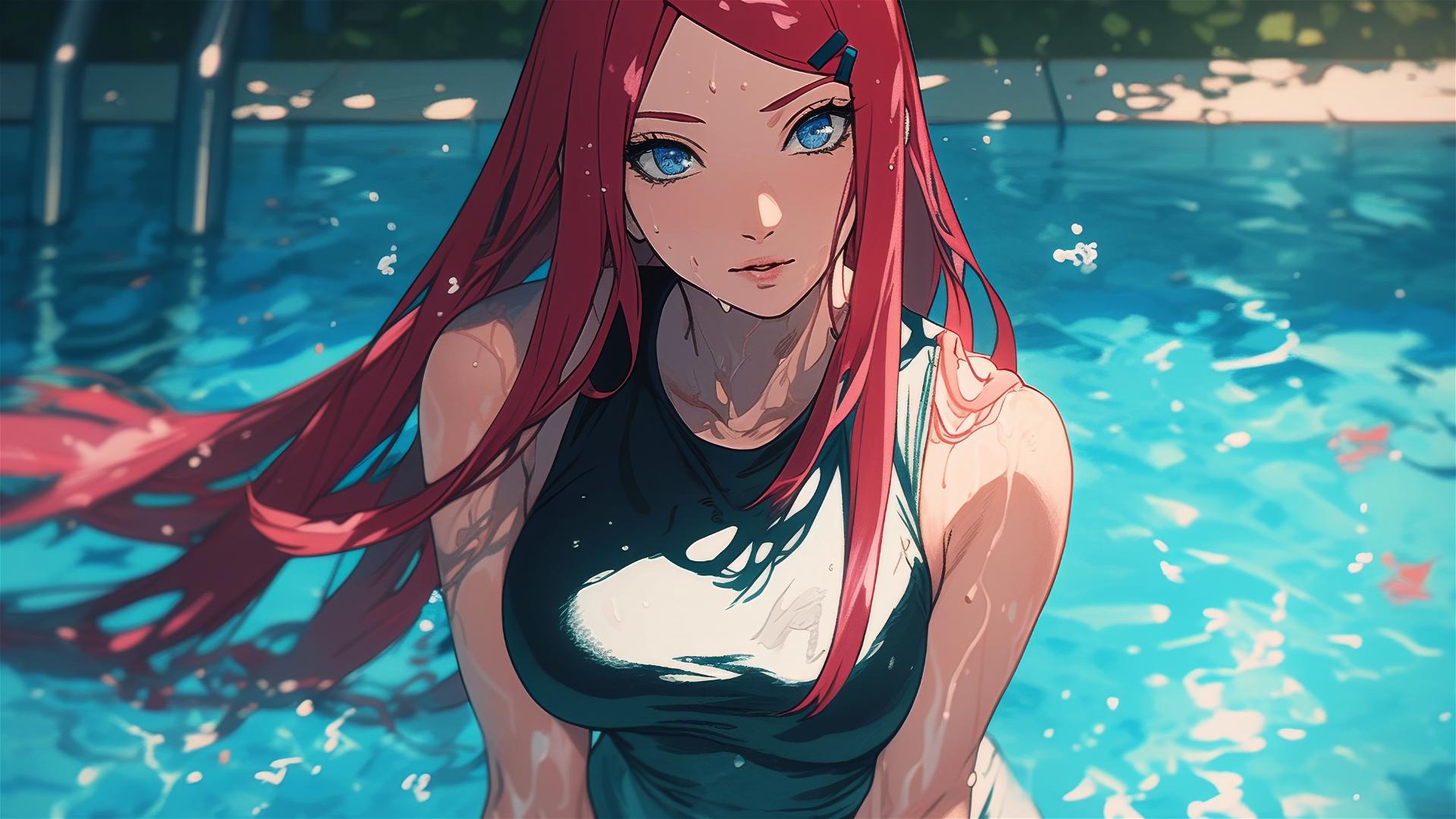 Kushina Uzumaki from Naruto Shippuden in pool under moonlight
