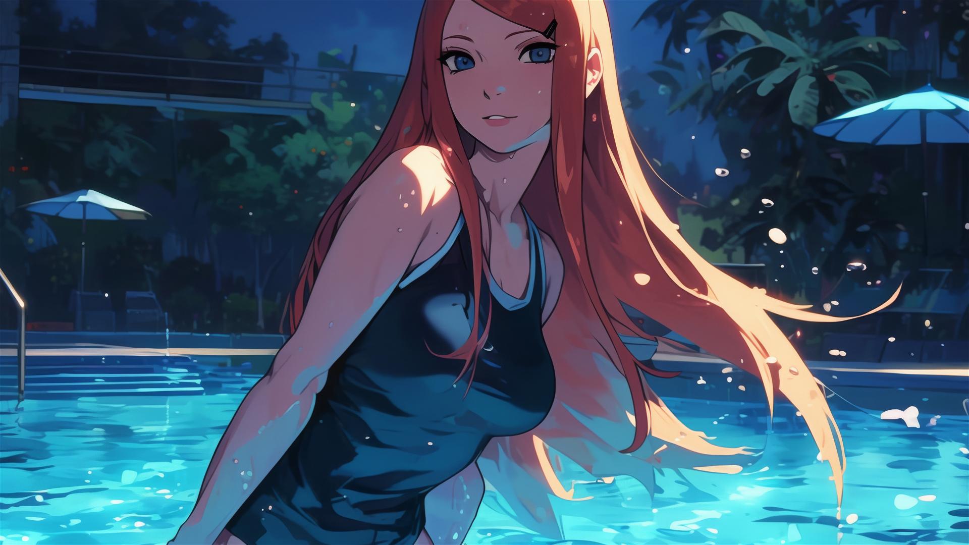 Kushina Uzumaki from Naruto Shippuden standing in pool under moonlight