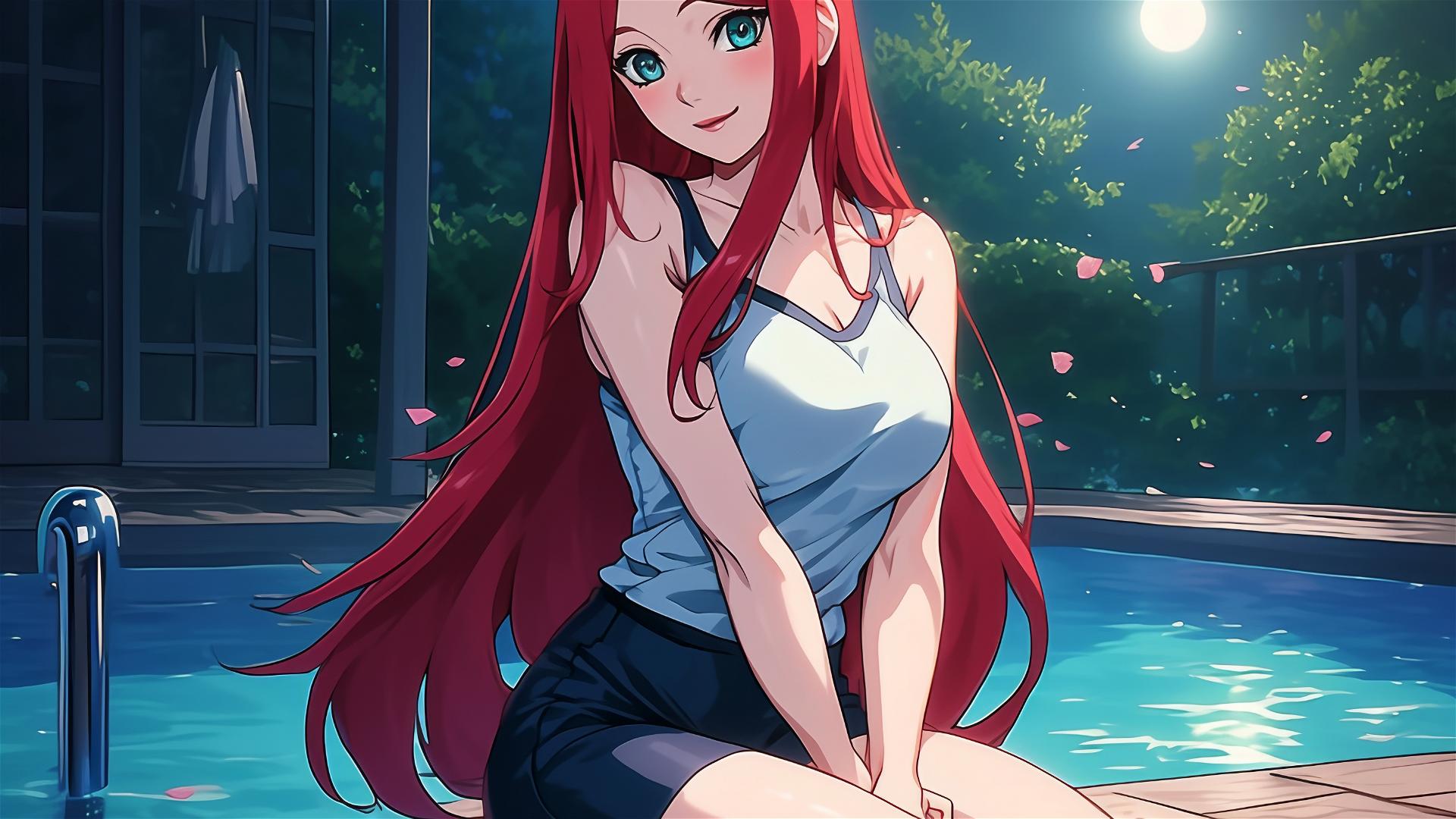Kushina Uzumaki from Naruto resting by pool under moonlight