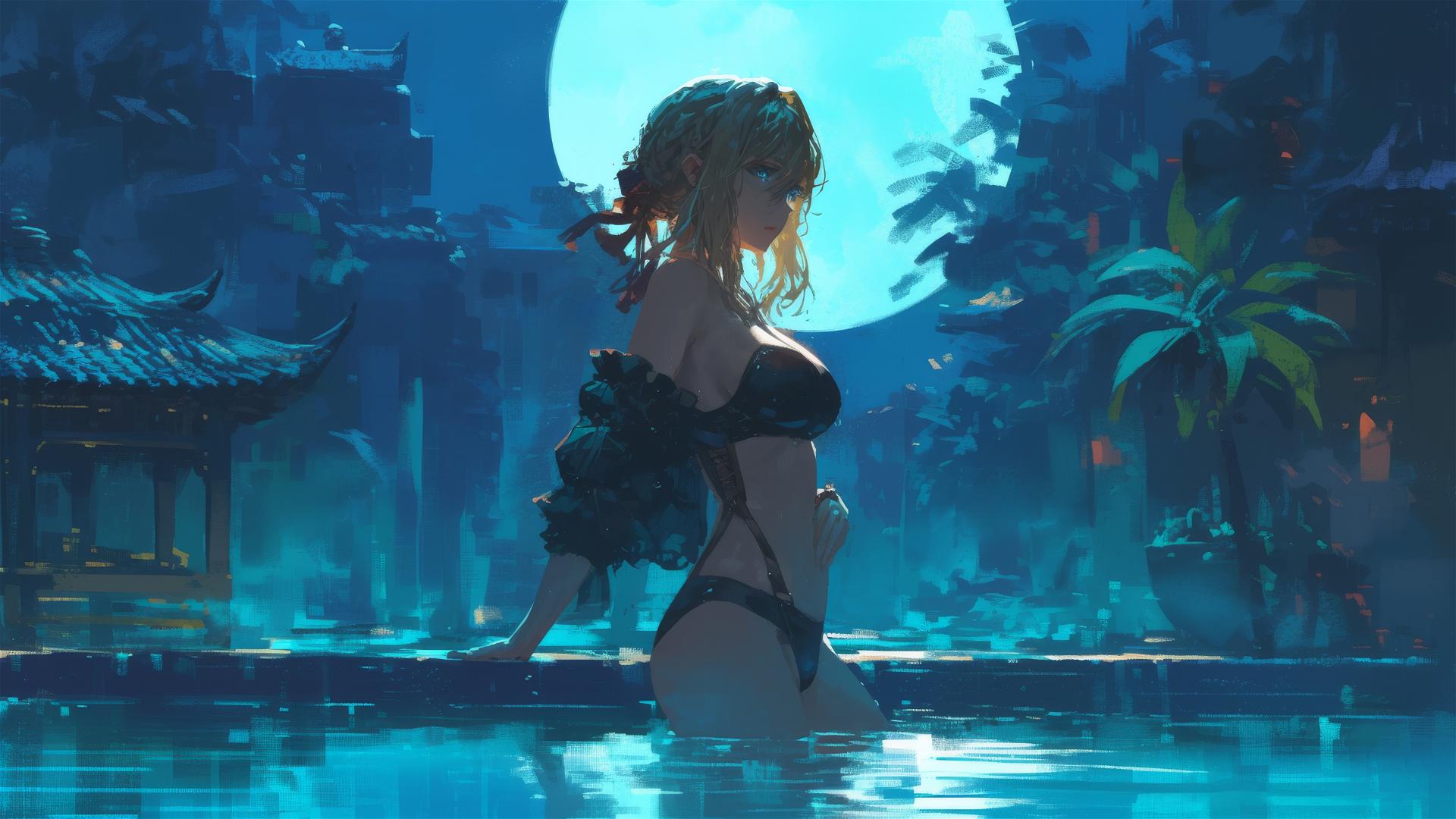 Violet Evergarden standing in a pool under the moonlight