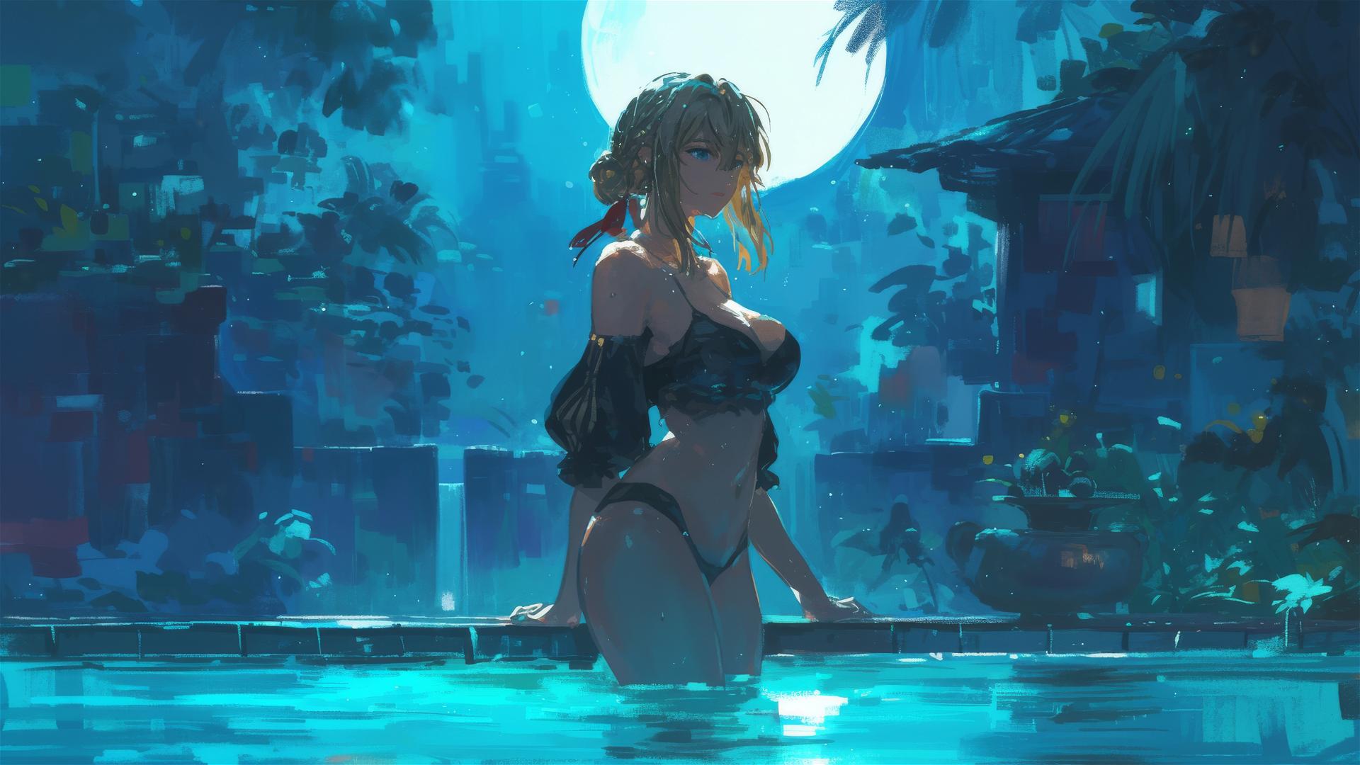Violet Evergarden standing in a pool under moonlight