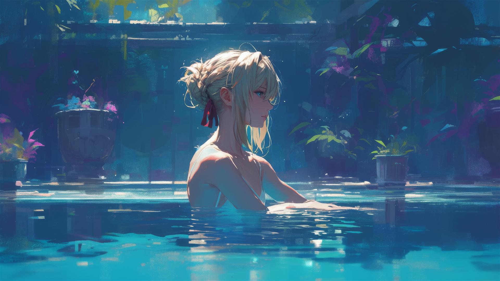 Violet Evergarden swimming in moonlit pool