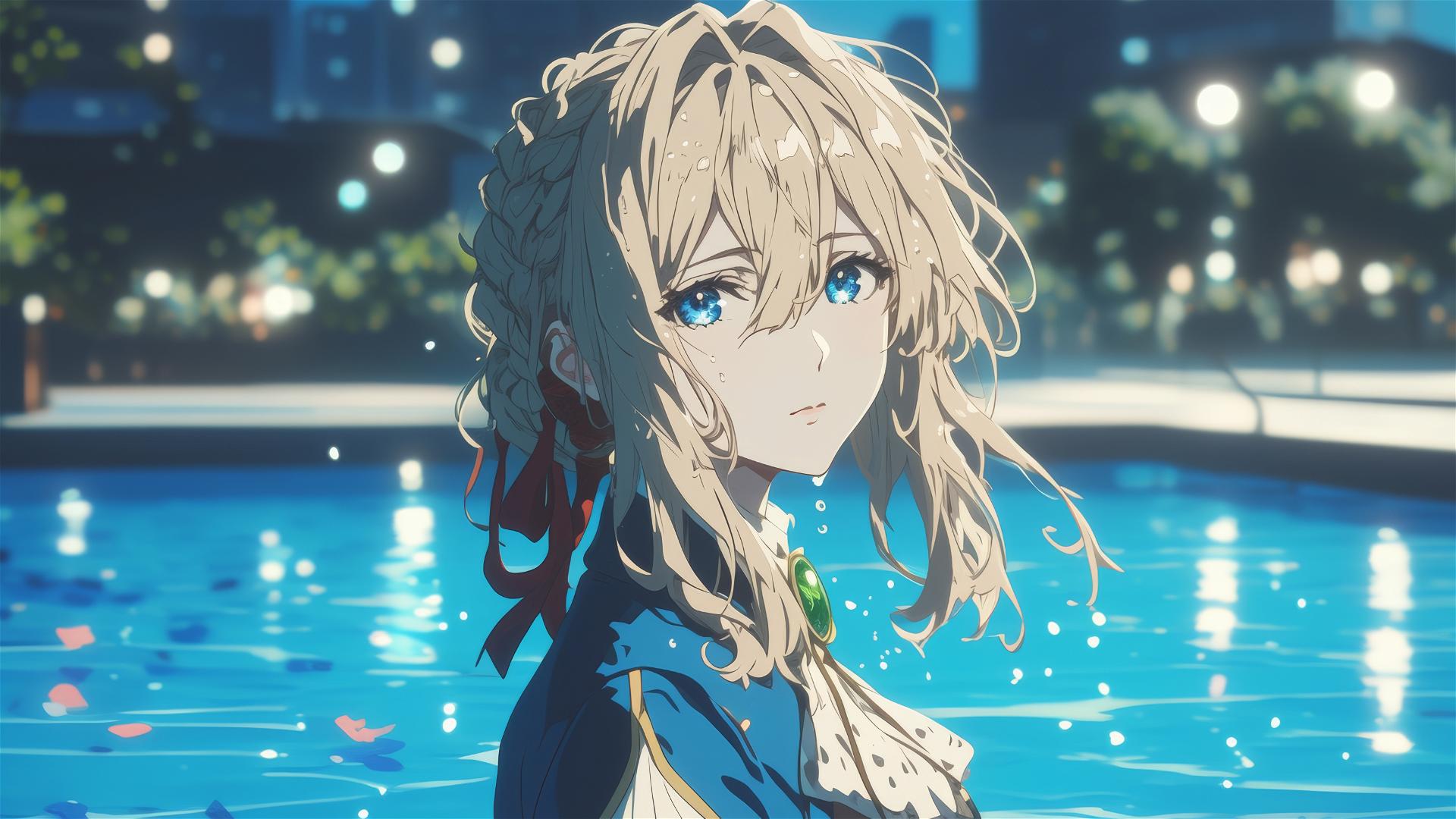 Violet Evergarden standing in a pool under moonlight