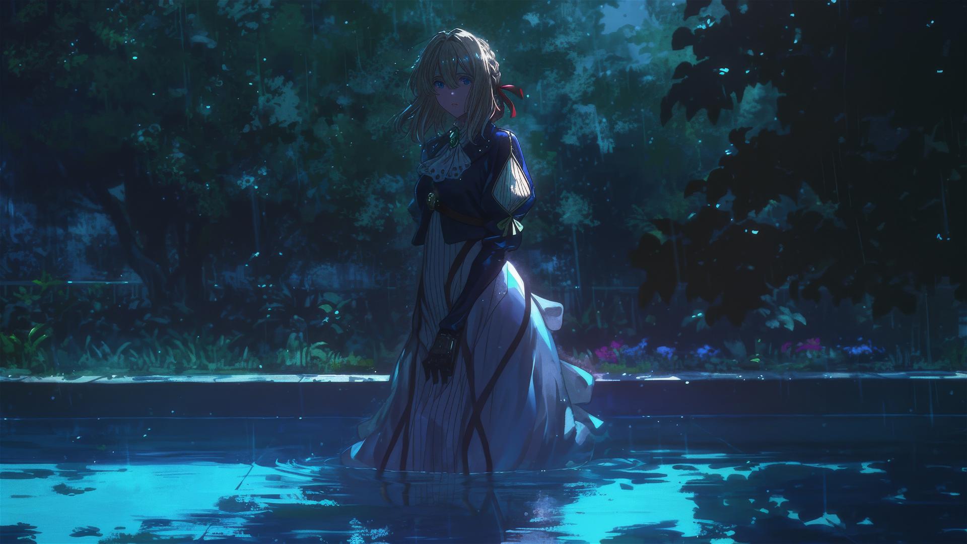 Violet Evergarden standing in a pool under moonlight