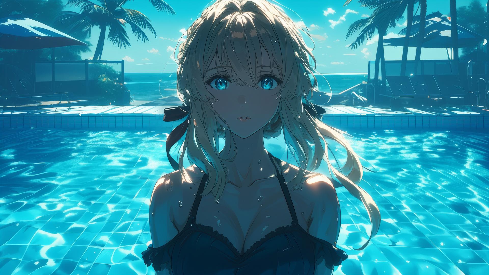 Violet Evergarden standing in a pool under moonlight