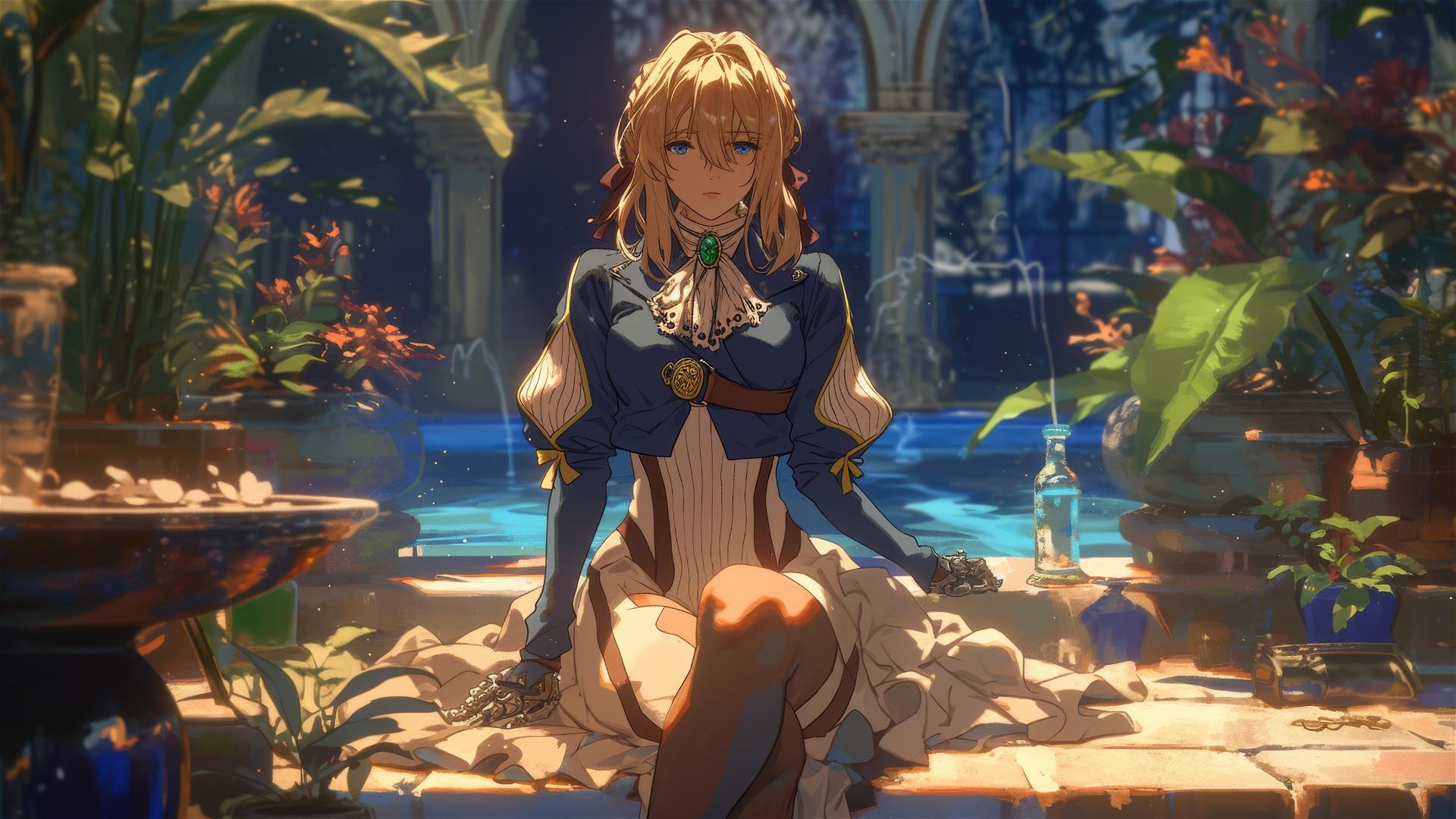 Violet Evergarden resting by pool under moonlight