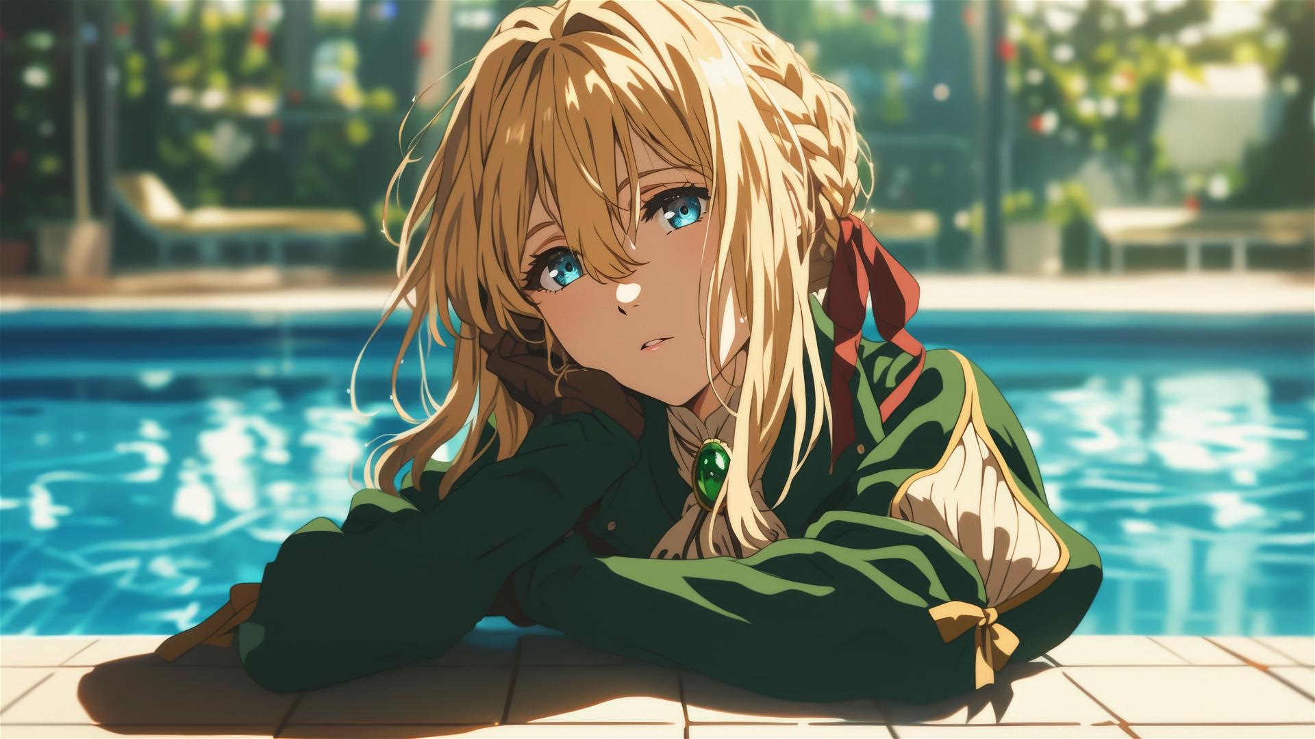 Violet Evergarden resting by the pool under moonlight