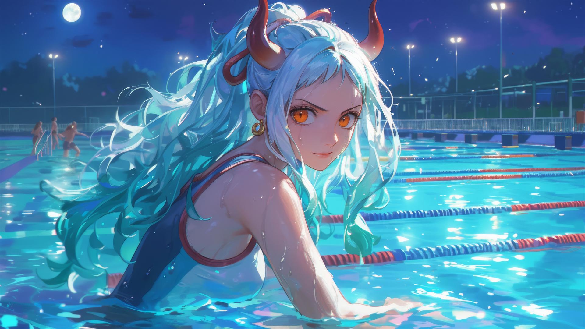 Yamato from One Piece standing in a pool under moonlight, orange eyes glowing