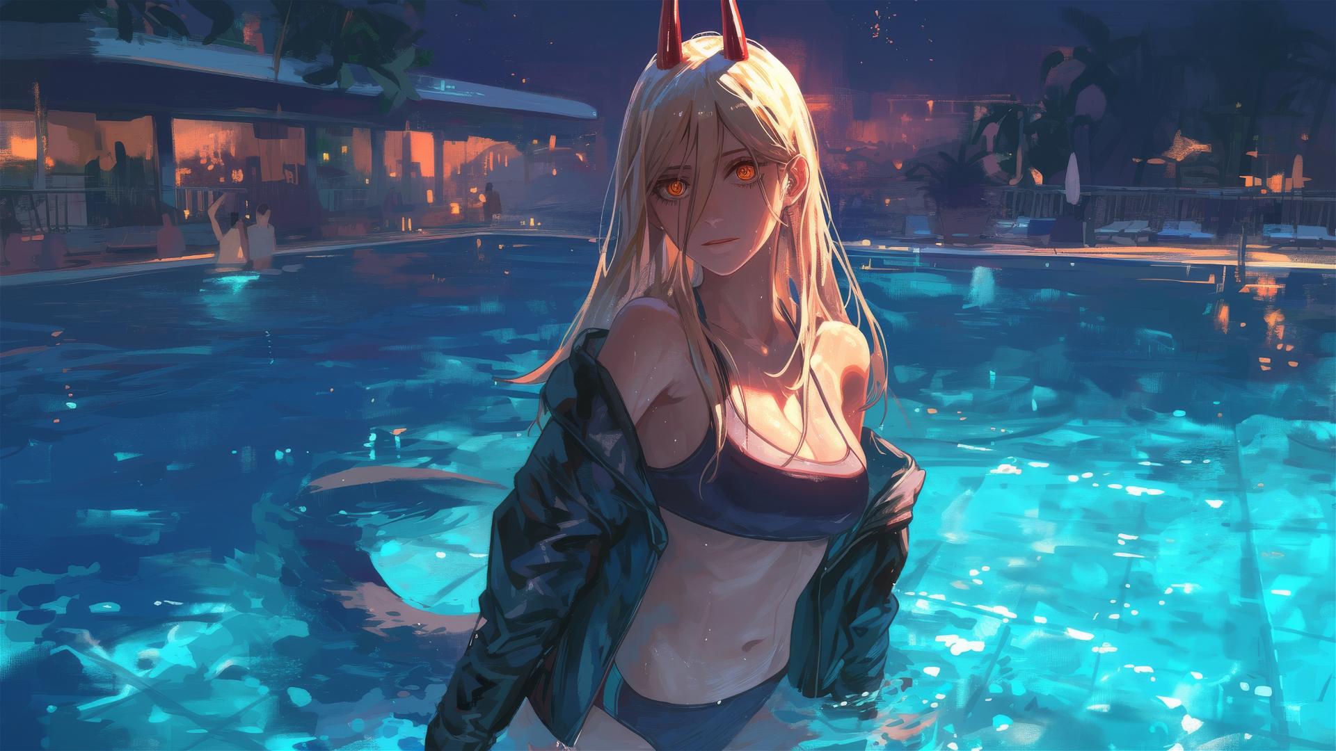 Power from Chainsaw Man standing in a pool under moonlight, yellow eyes