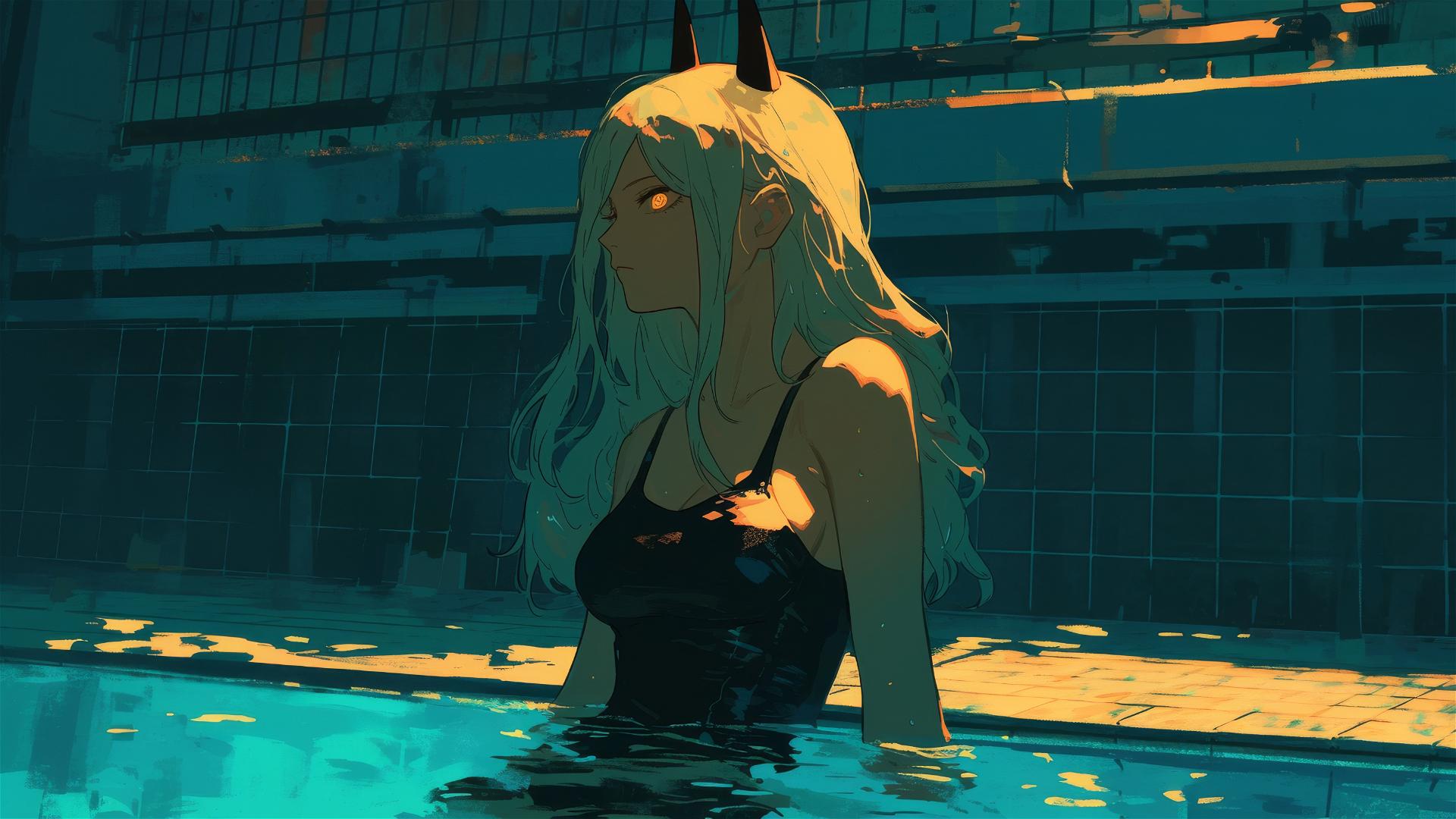 Power from Chainsaw Man standing in pool under moonlight with yellow eyes