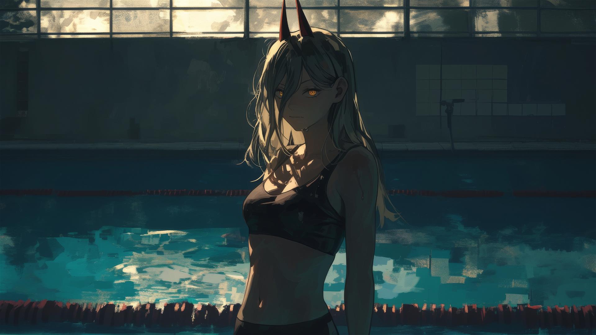 Power from Chainsaw Man standing in pool under moonlight with yellow eyes