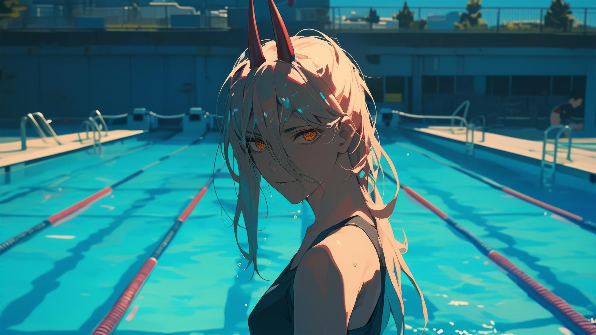 Power from Chainsaw Man standing in a pool under moonlight, yellow eyes glowing