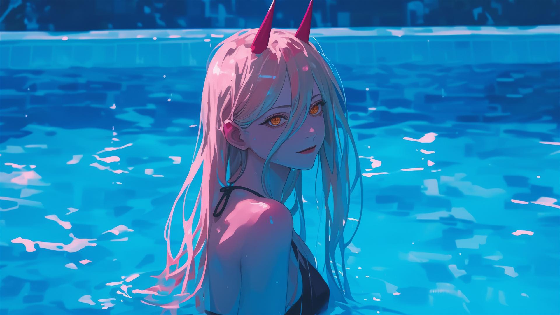 Power from Chainsaw Man standing in a pool under moonlight with yellow eyes