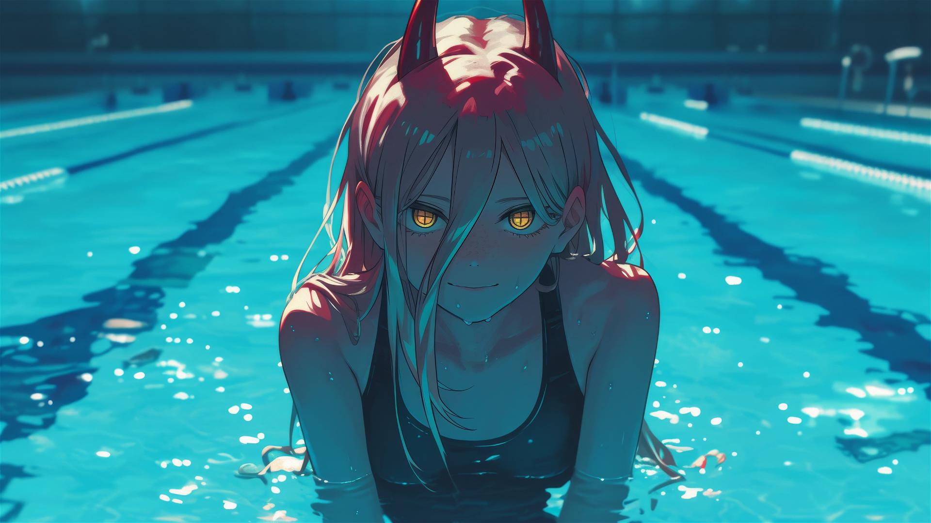 Power from Chainsaw Man standing in the swimming pool under moonlight, with yellow eyes
